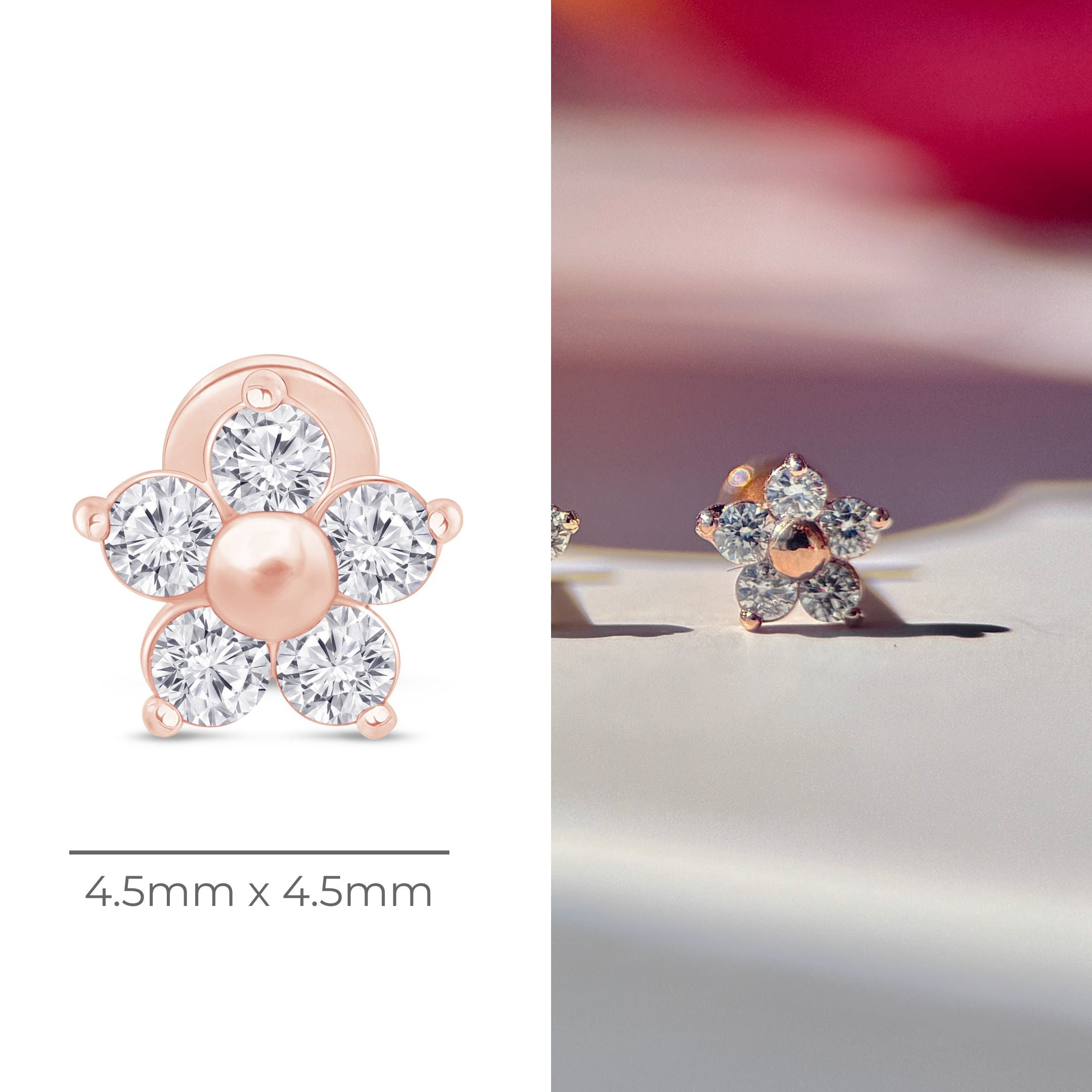 Five Diamond Flower Flat Back Stud in Solid 14k Rose Gold