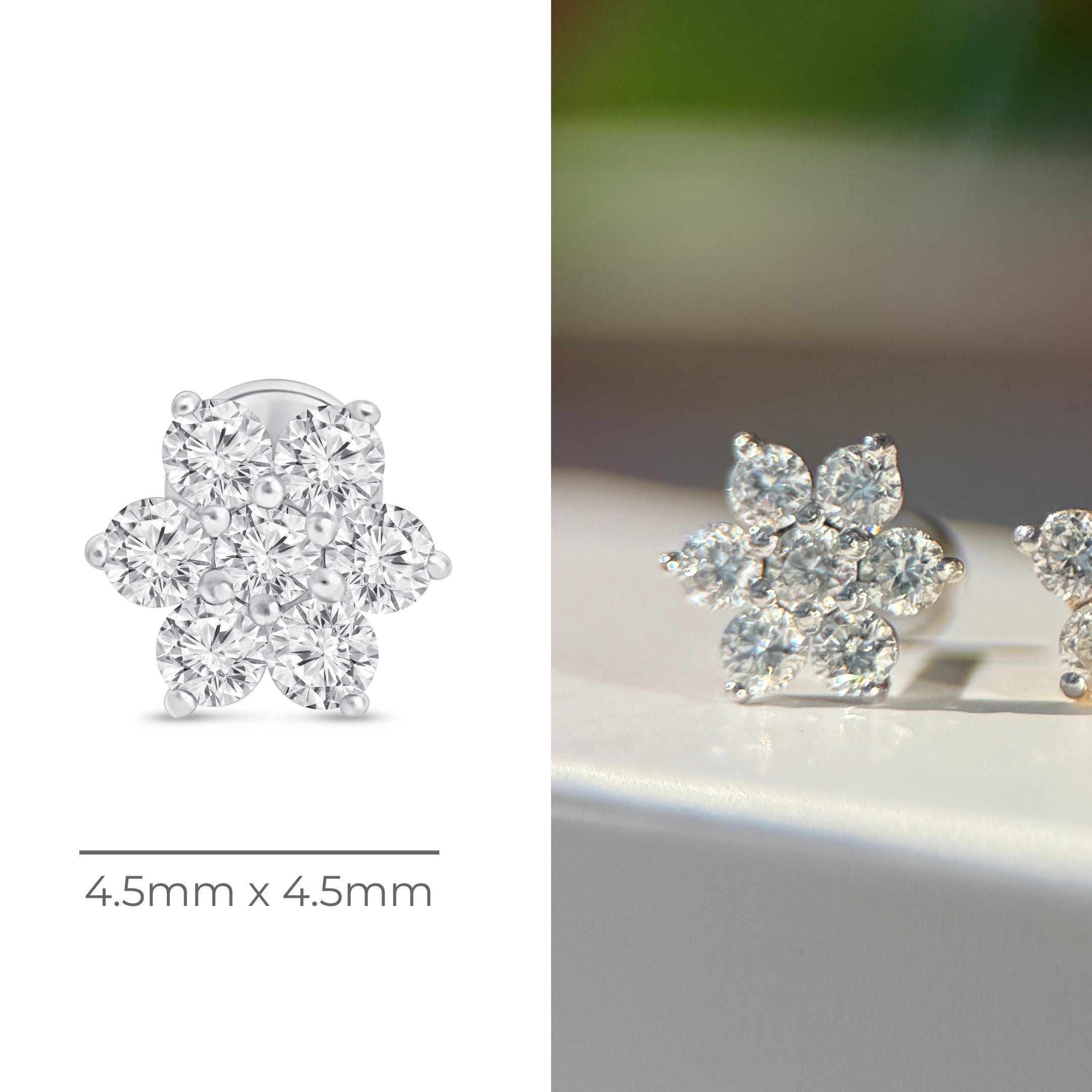 Seven Diamond Flower Flat Back Stud in Solid 14k White Gold