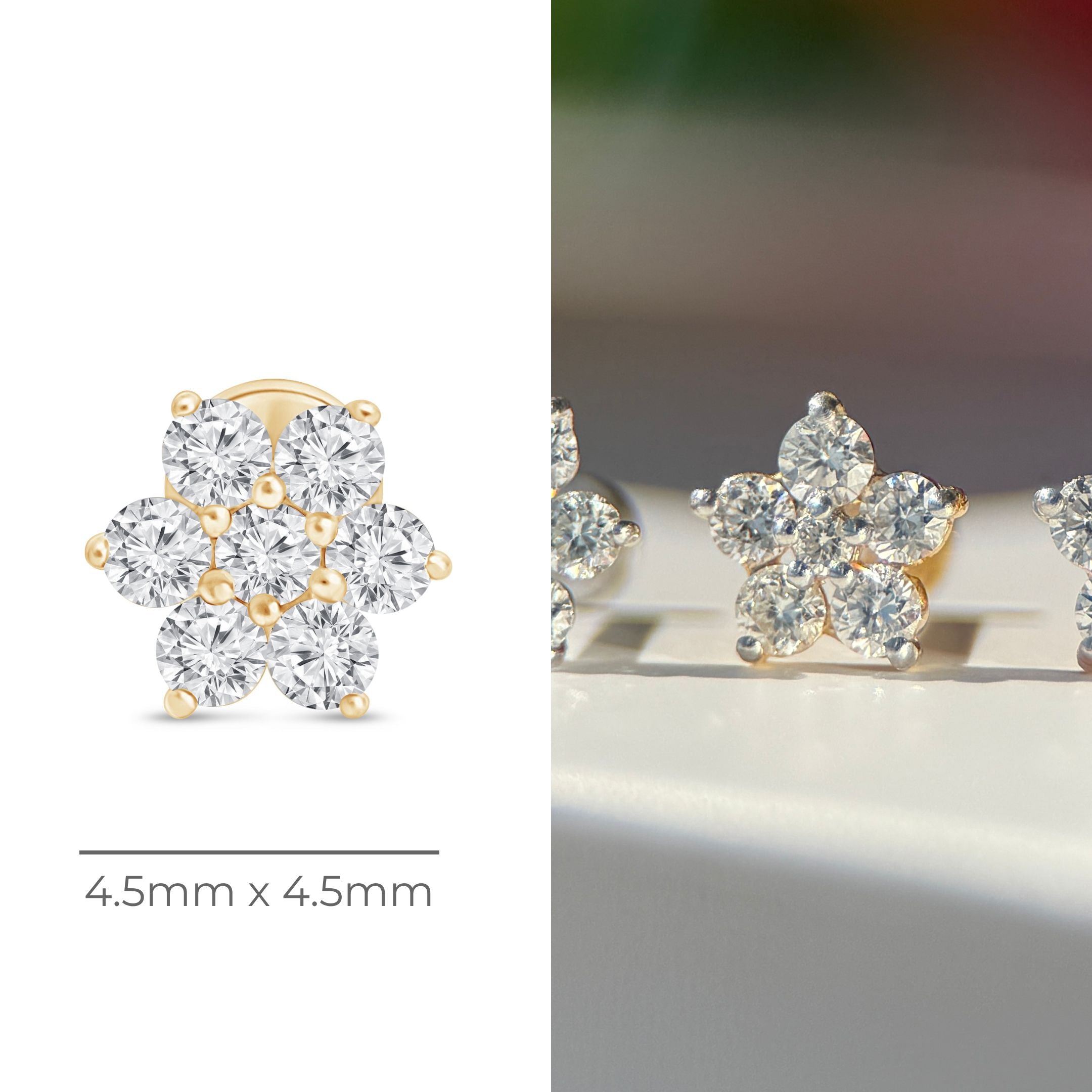 Diamond Flower Flat Back Stud in Solid 14k Yellow Gold