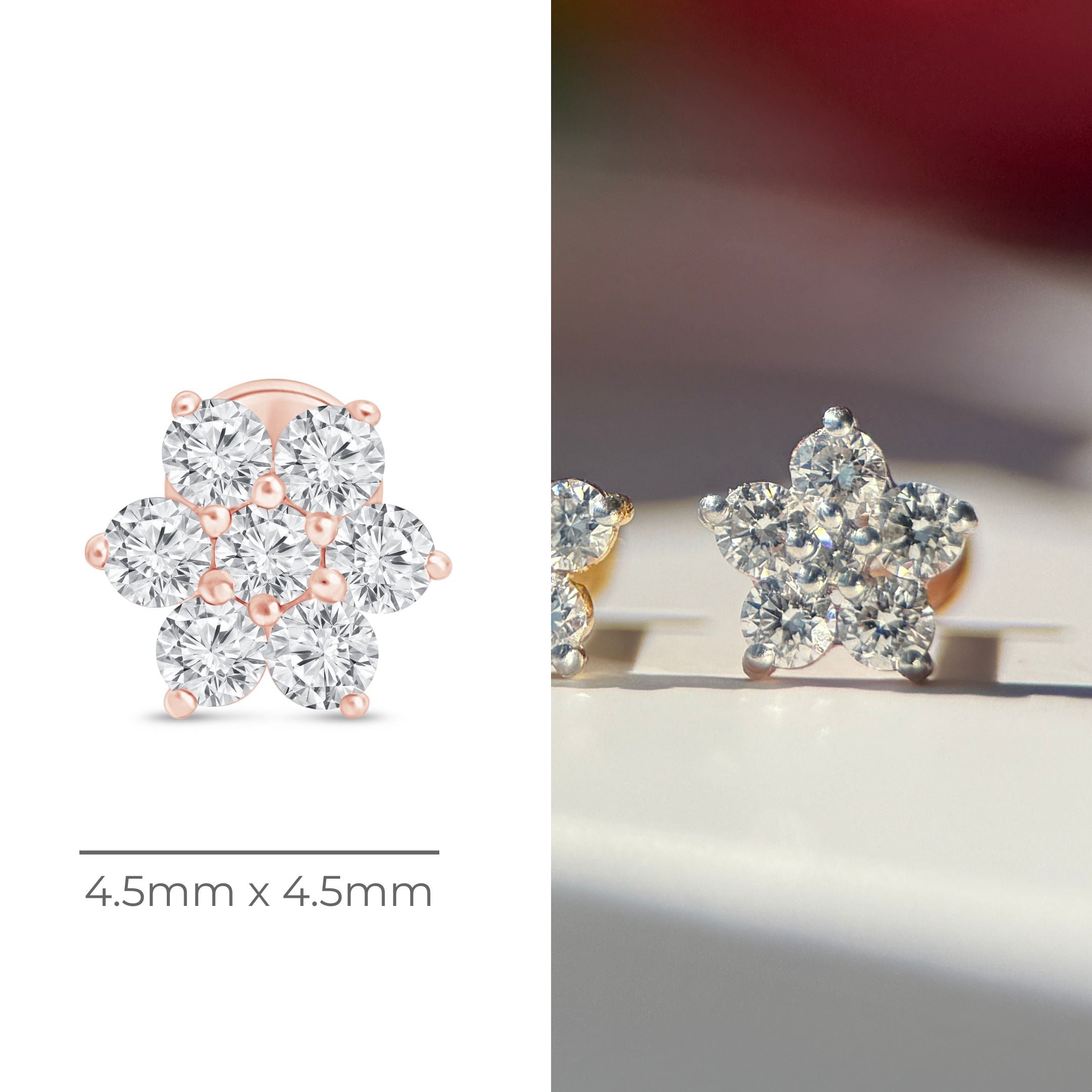 Seven Diamond Flower Flat Back Stud in Solid 14k Rose Gold