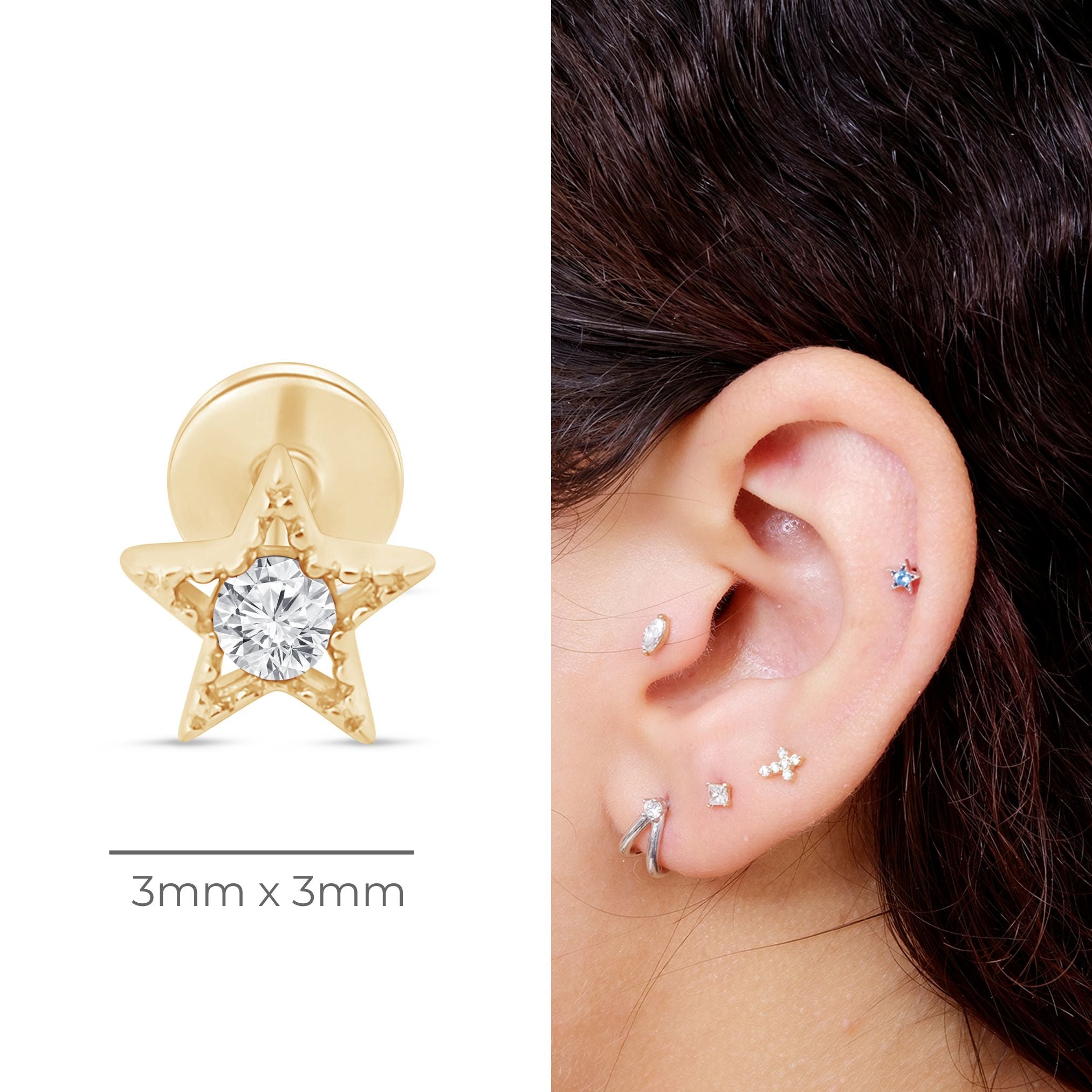 Gemstone Star Flat Back Stud Milgrain Set in Solid 14k Yellow Gold