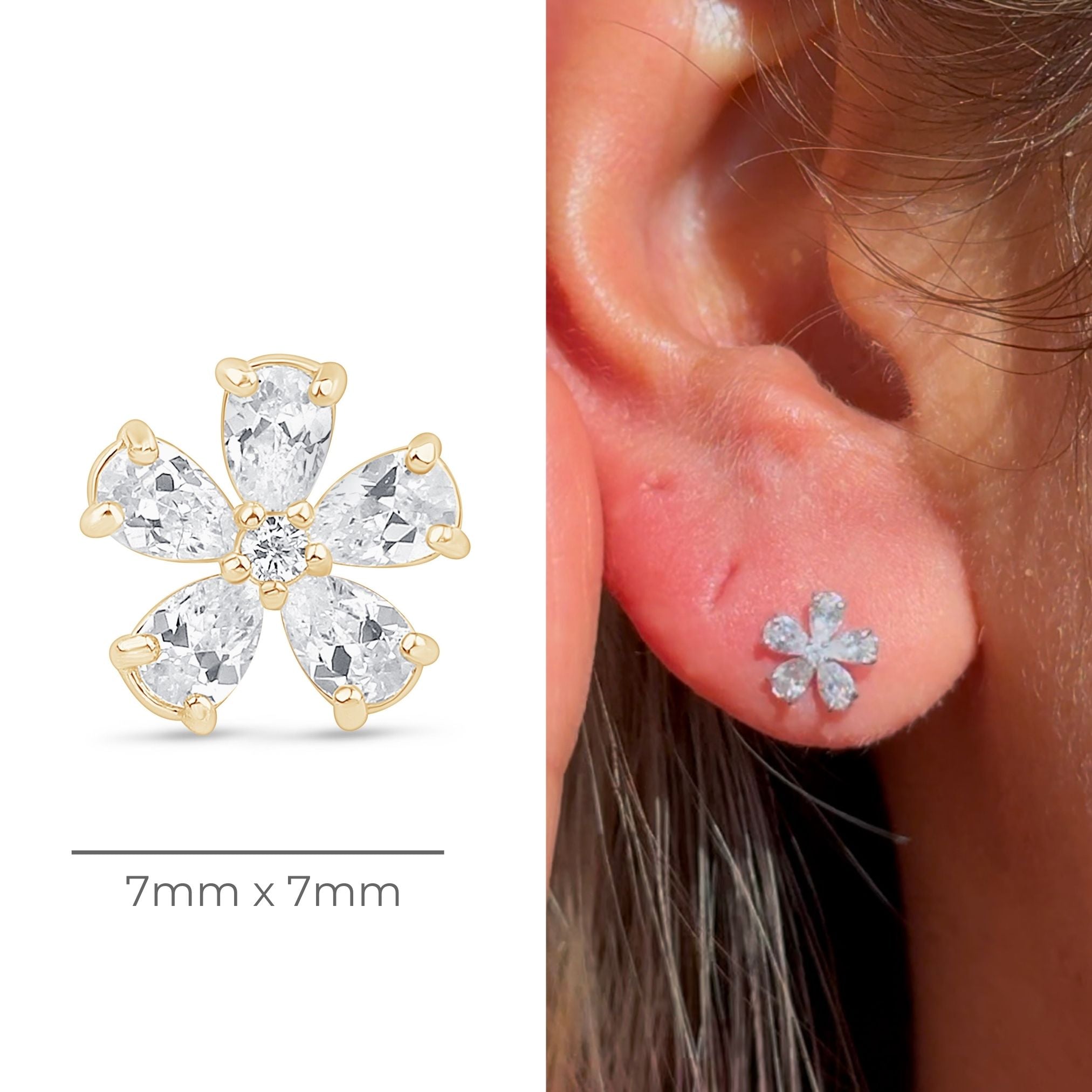 Blooming Flower Flat Back Stud in Solid 14k Yellow Gold