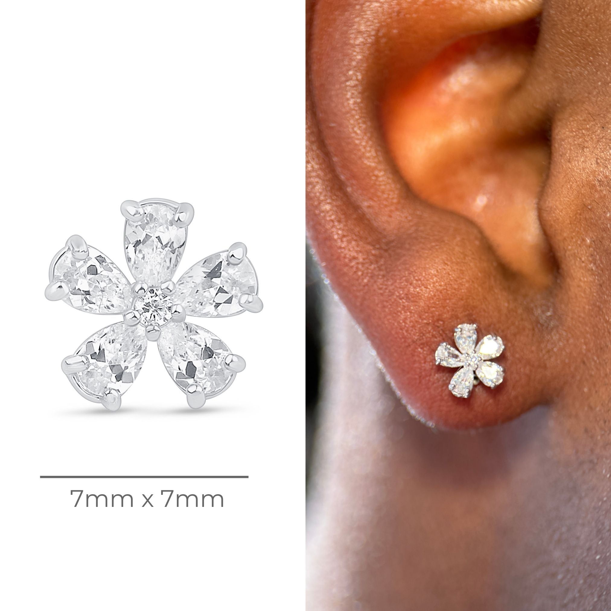 Blooming Flower Flat Back Stud in Solid 14k White Gold