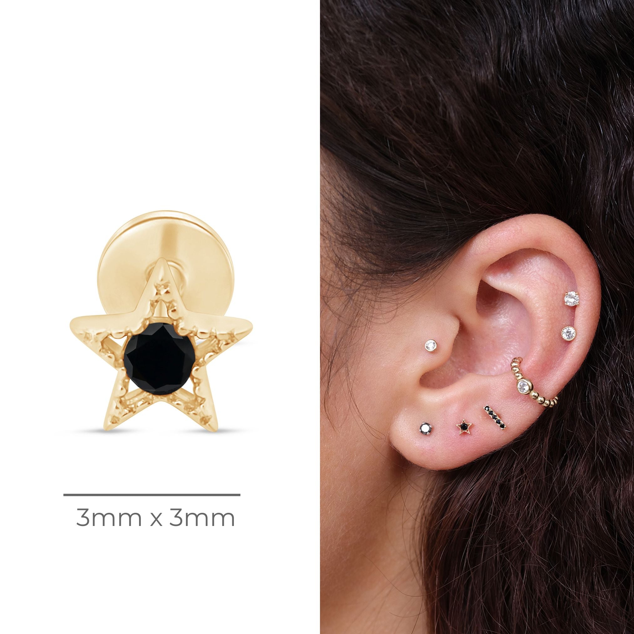 Black Onyx Star Flat Back Stud Milgrain Set in Solid 14k Yellow Gold