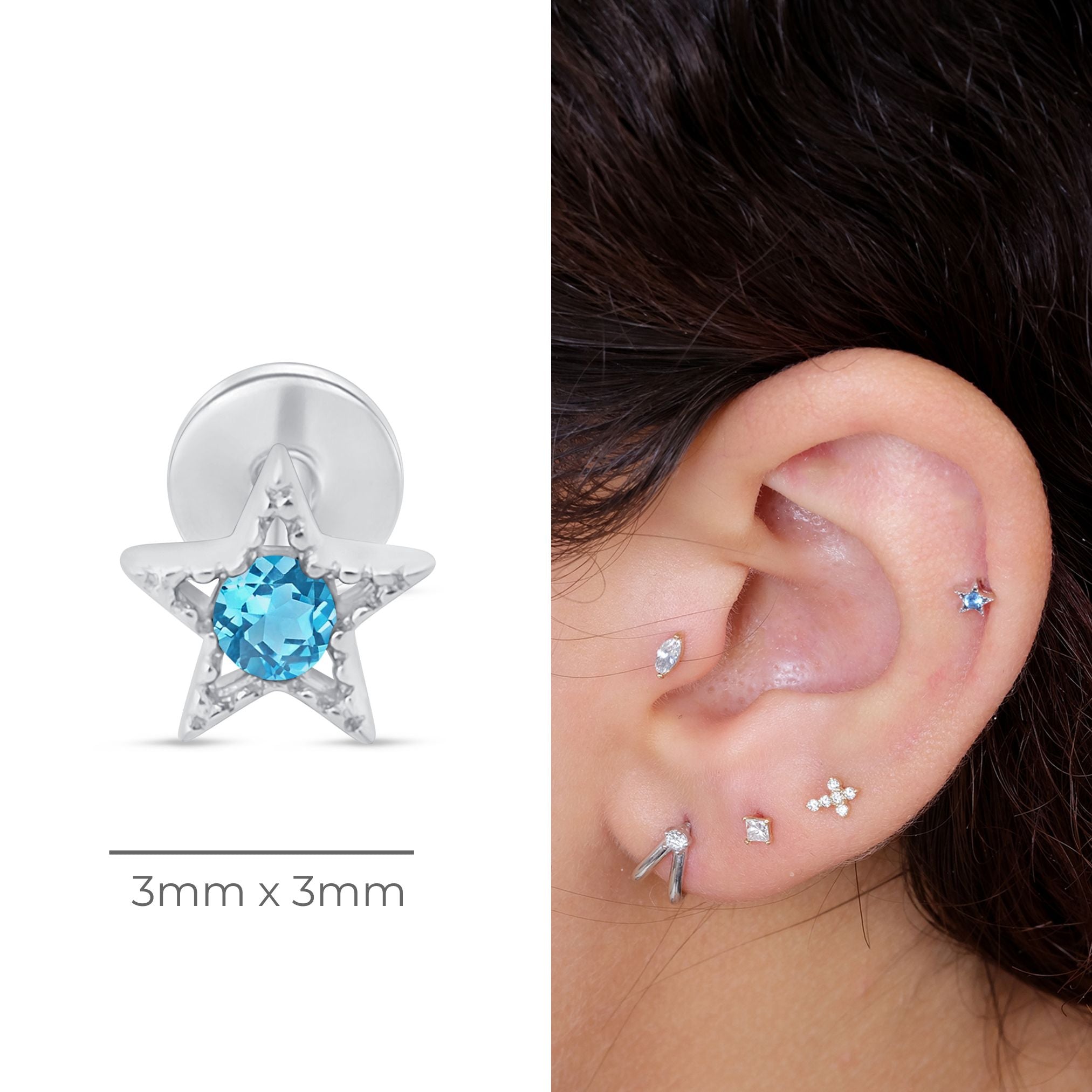 Blue Topaz Star Flat Back Stud Milgrain Set in Solid 14k White Gold