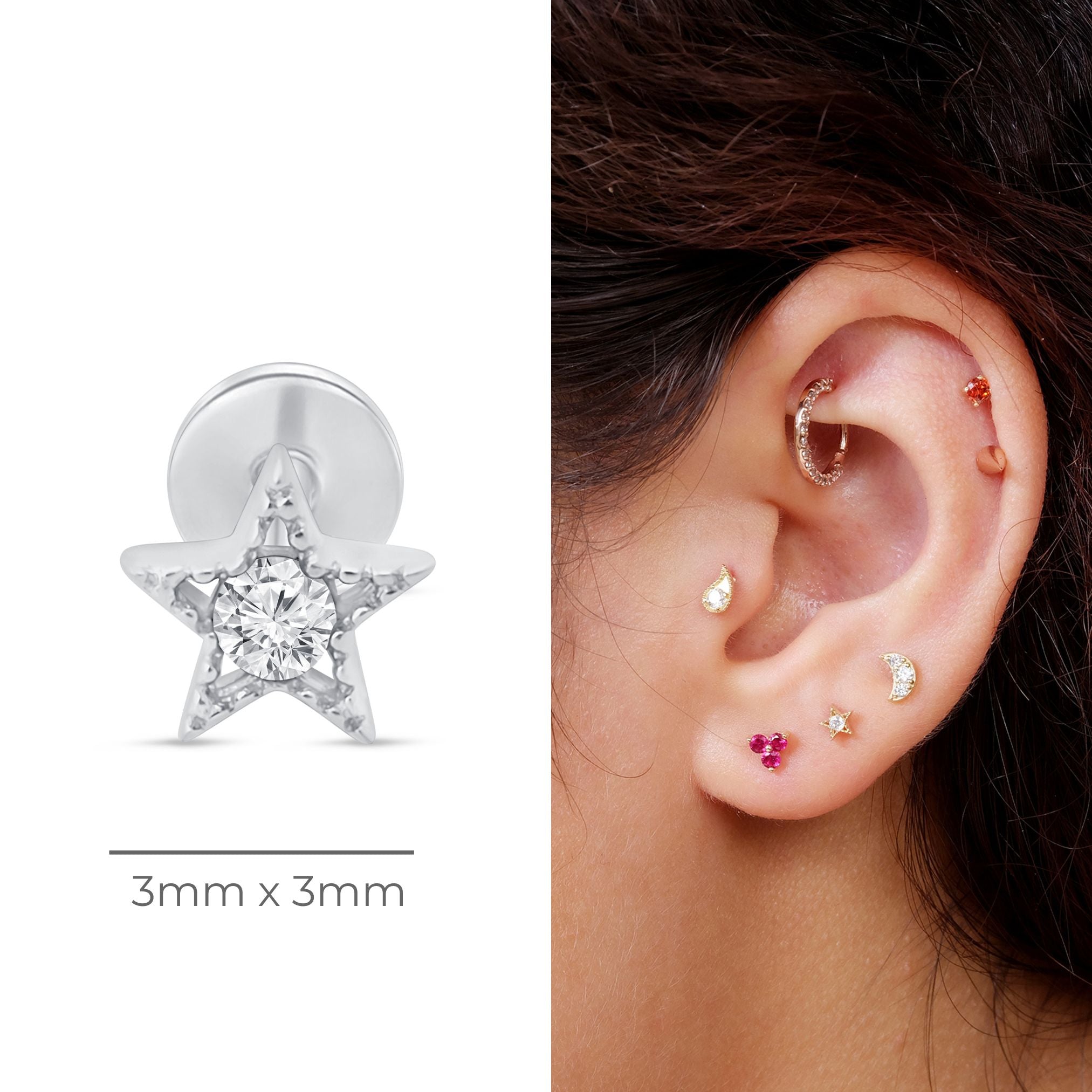 Gemstone Star Flat Back Stud Milgrain Set in Solid 14k White Gold