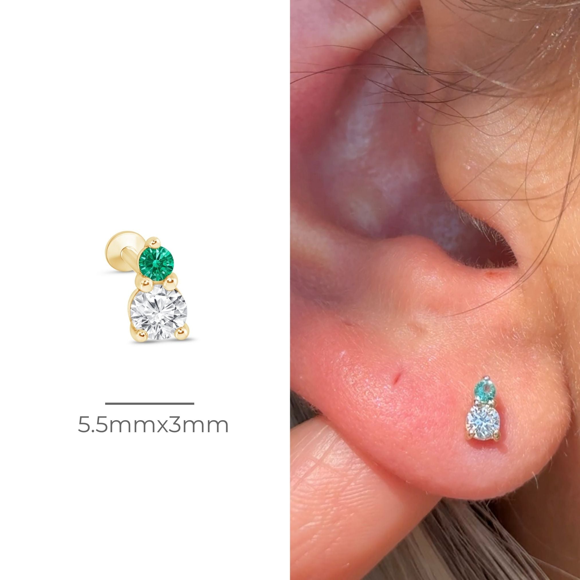 Diamond and Emerald Flat Back Stud in Solid 14k Yellow Gold