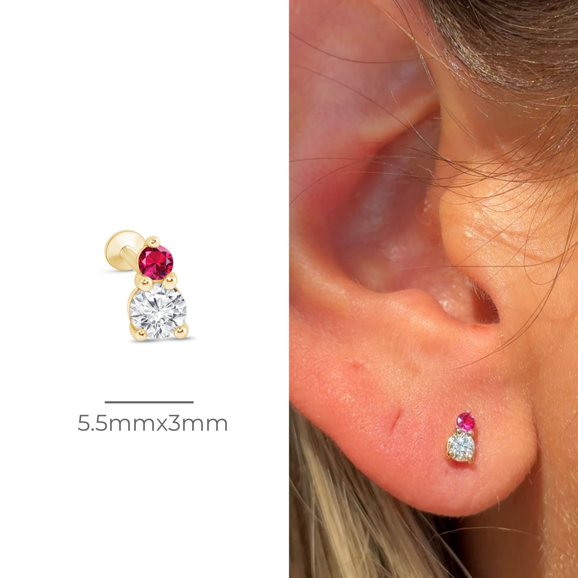 Diamond and Ruby Flat Back Stud in Solid 14k Yellow Gold