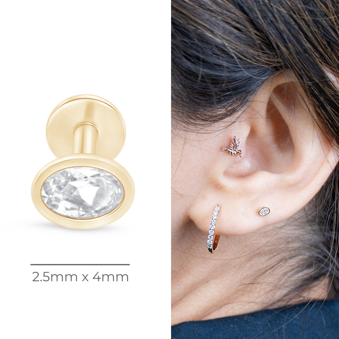 Oval Gemstone Flat Back Stud Bezel Set in Solid 14k Yellow Gold
