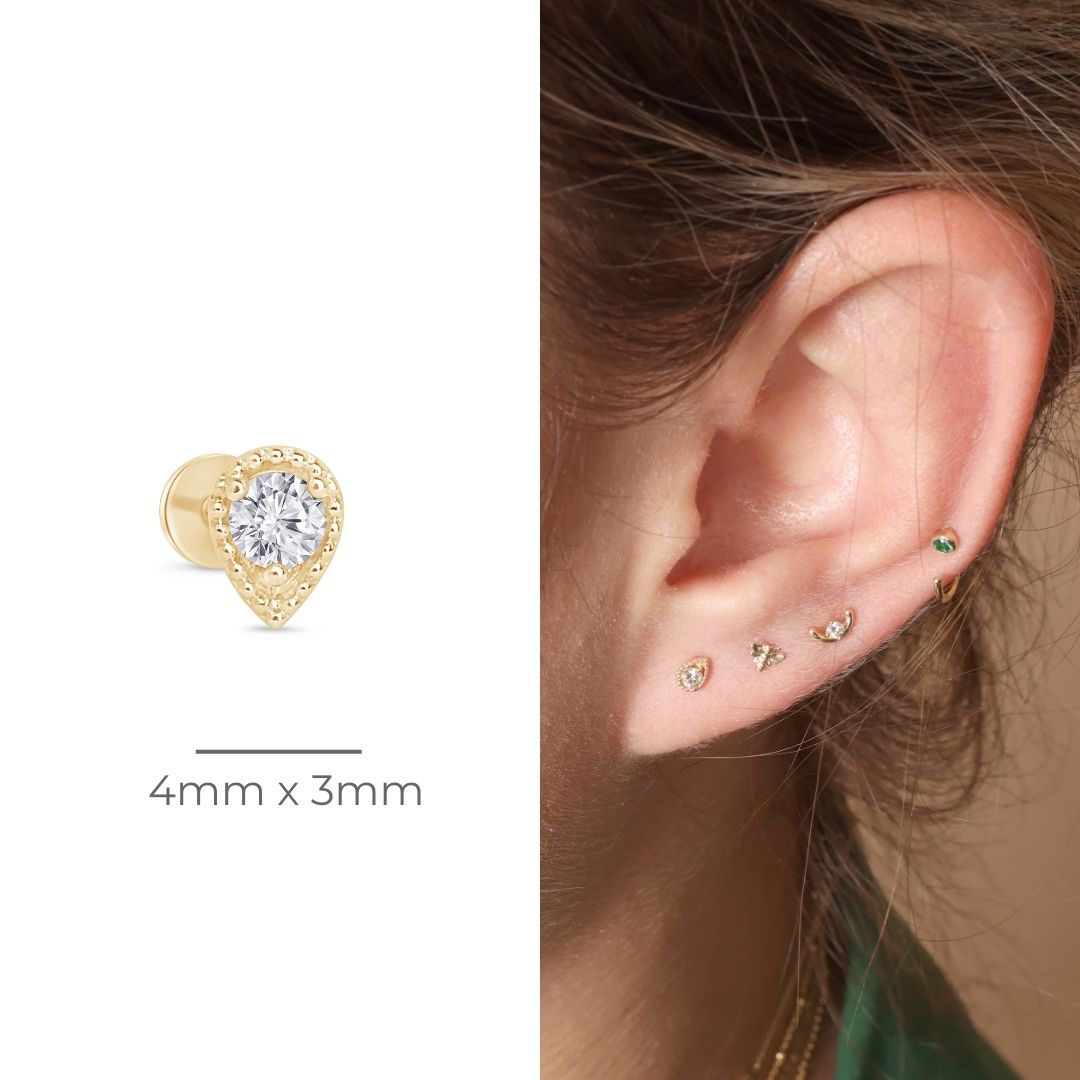 Diamond Droplet Flat Back Stud Flat Back Stud in Solid 14k Yellow Gold