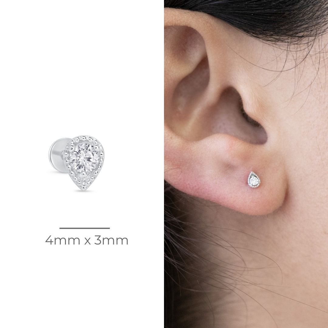 Pear Diamond Flat Back Stud Milgrain Setin Solid 14k White Gold