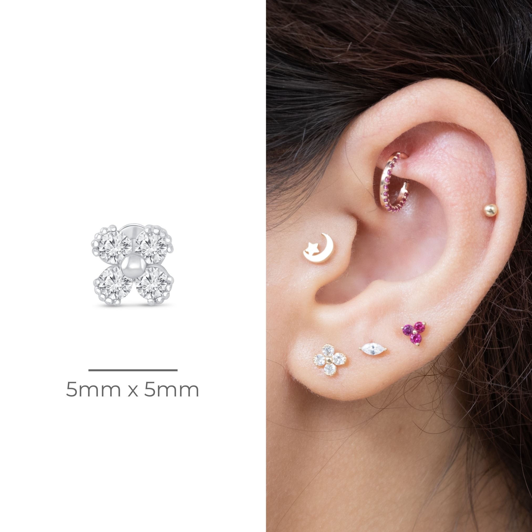 Beaded Four Petal Flower Diamond Flat Back Stud in Solid 14k White Gold