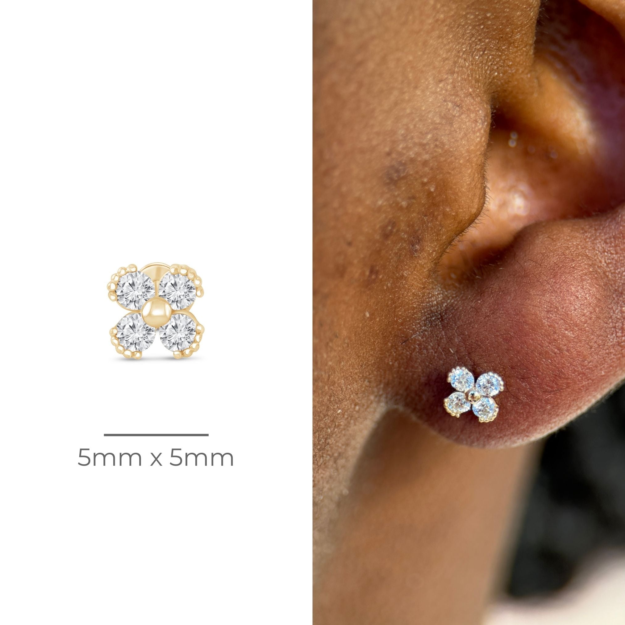 Beaded Diamond Four Petal Flower Flat Back Stud in Solid 14k Yellow Gold