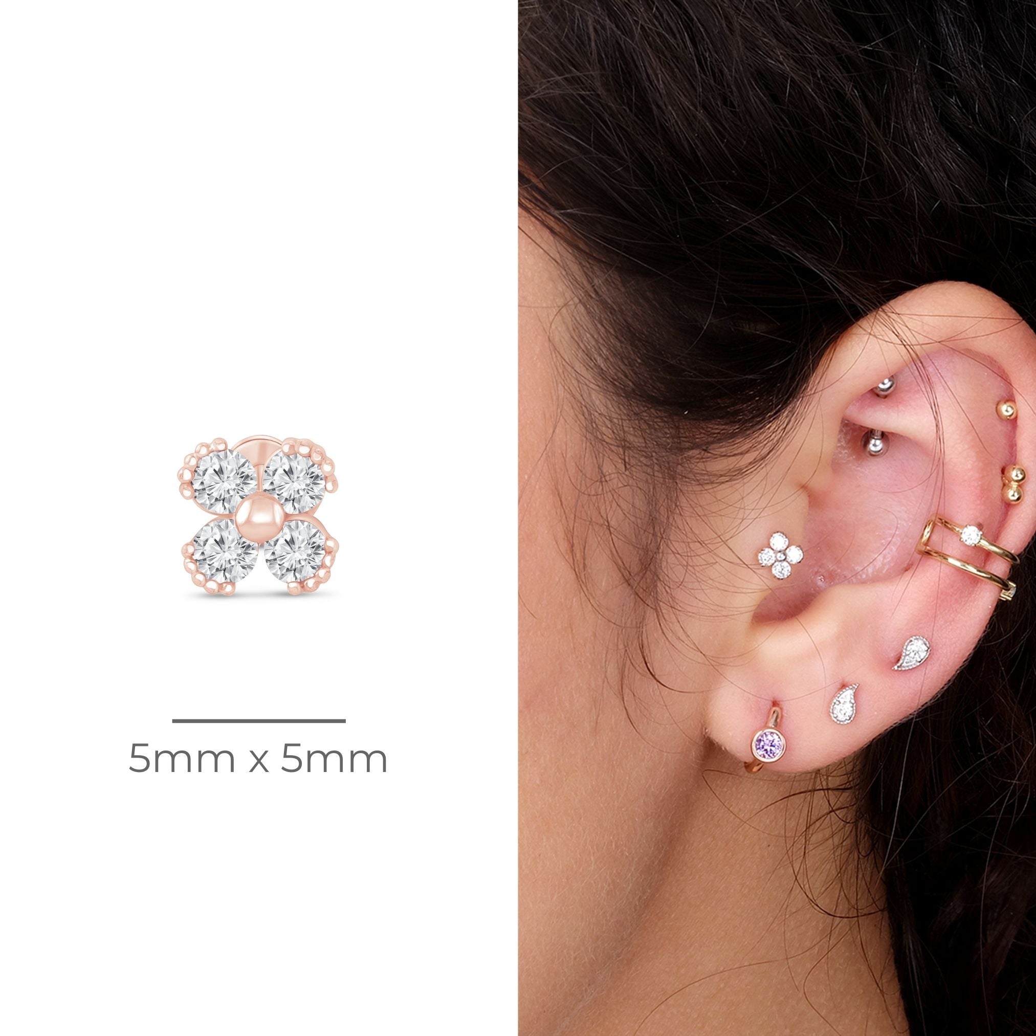 Beaded Diamond Four Petal Flower Flat Back Stud in Solid 14k Rose Gold