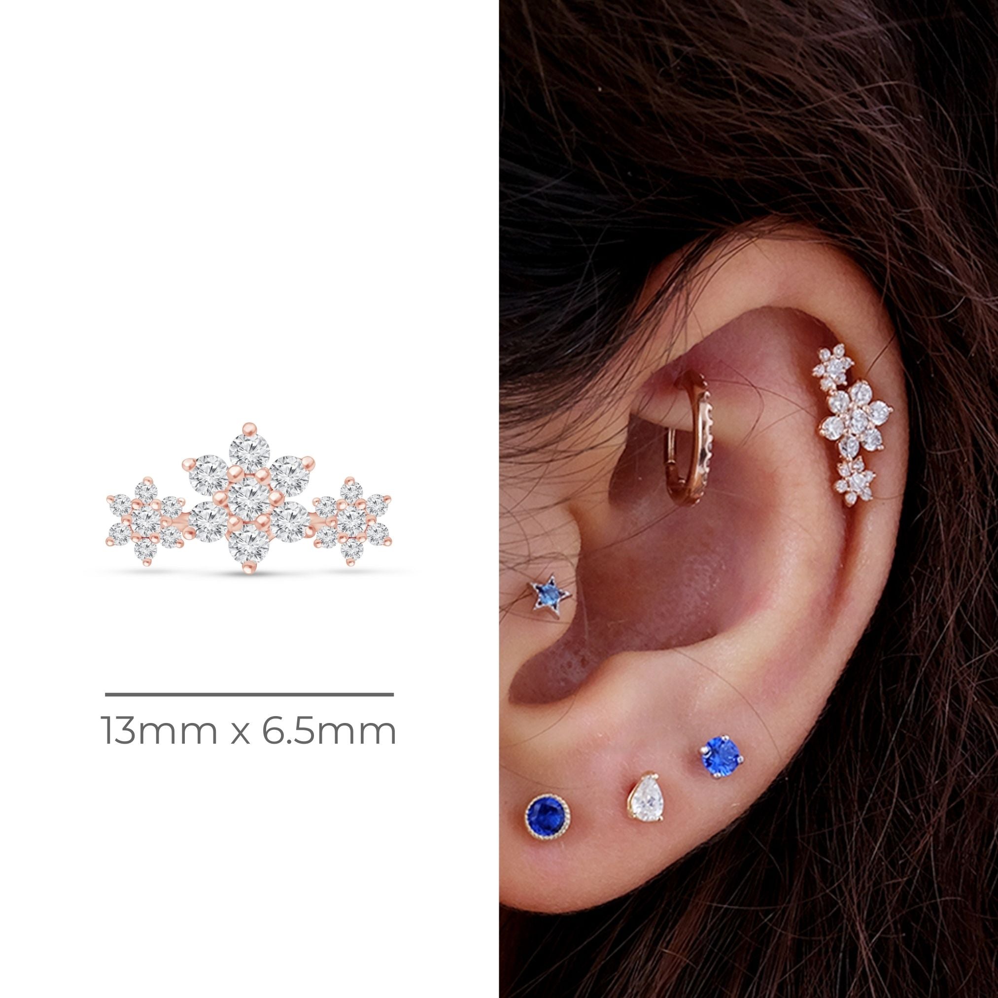 Diamond Three Flower Garland Flat Back Stud in Solid 14k Rose Gold