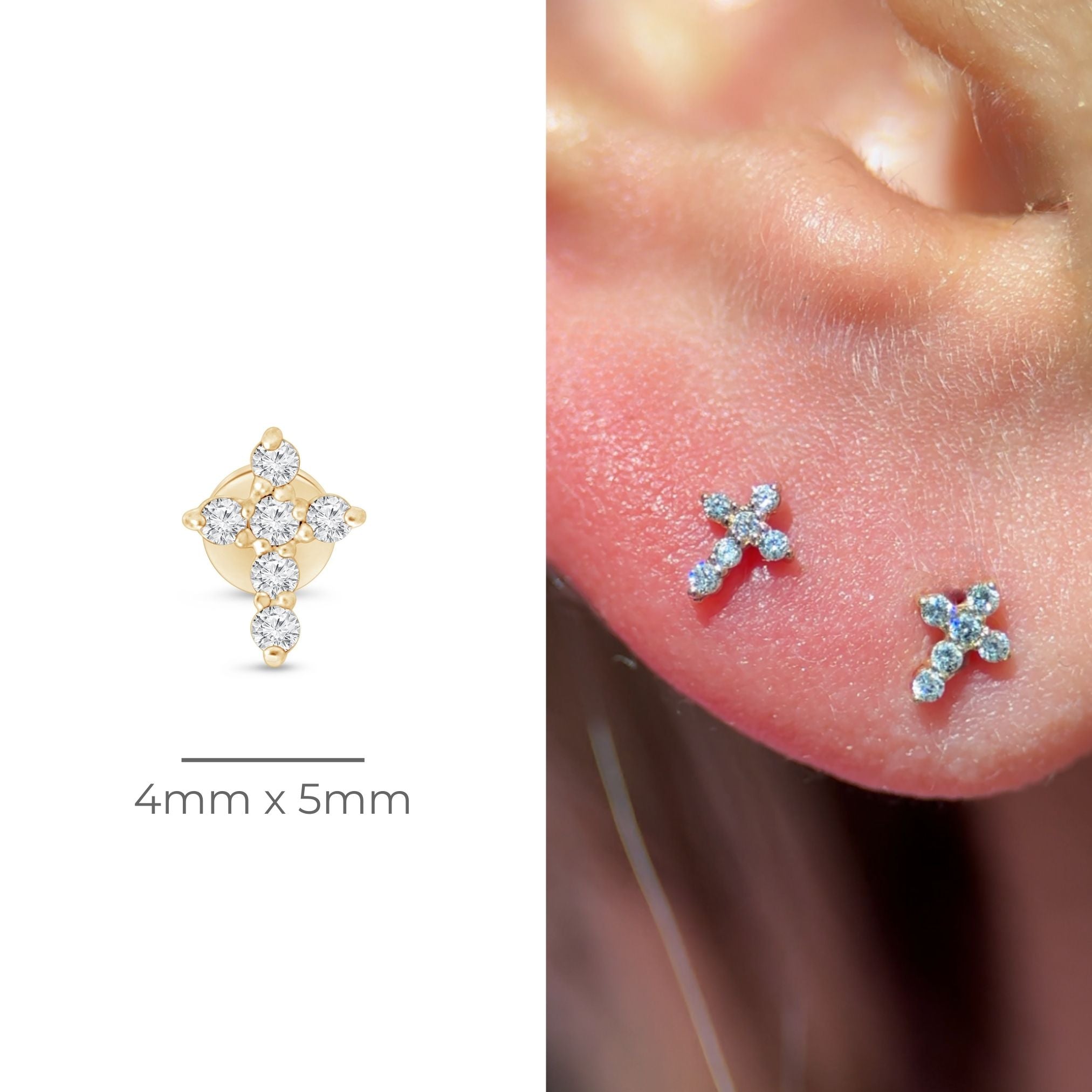 Diamond Pavé Studded Cross Flat Back Stud in Solid 14k Yellow Gold