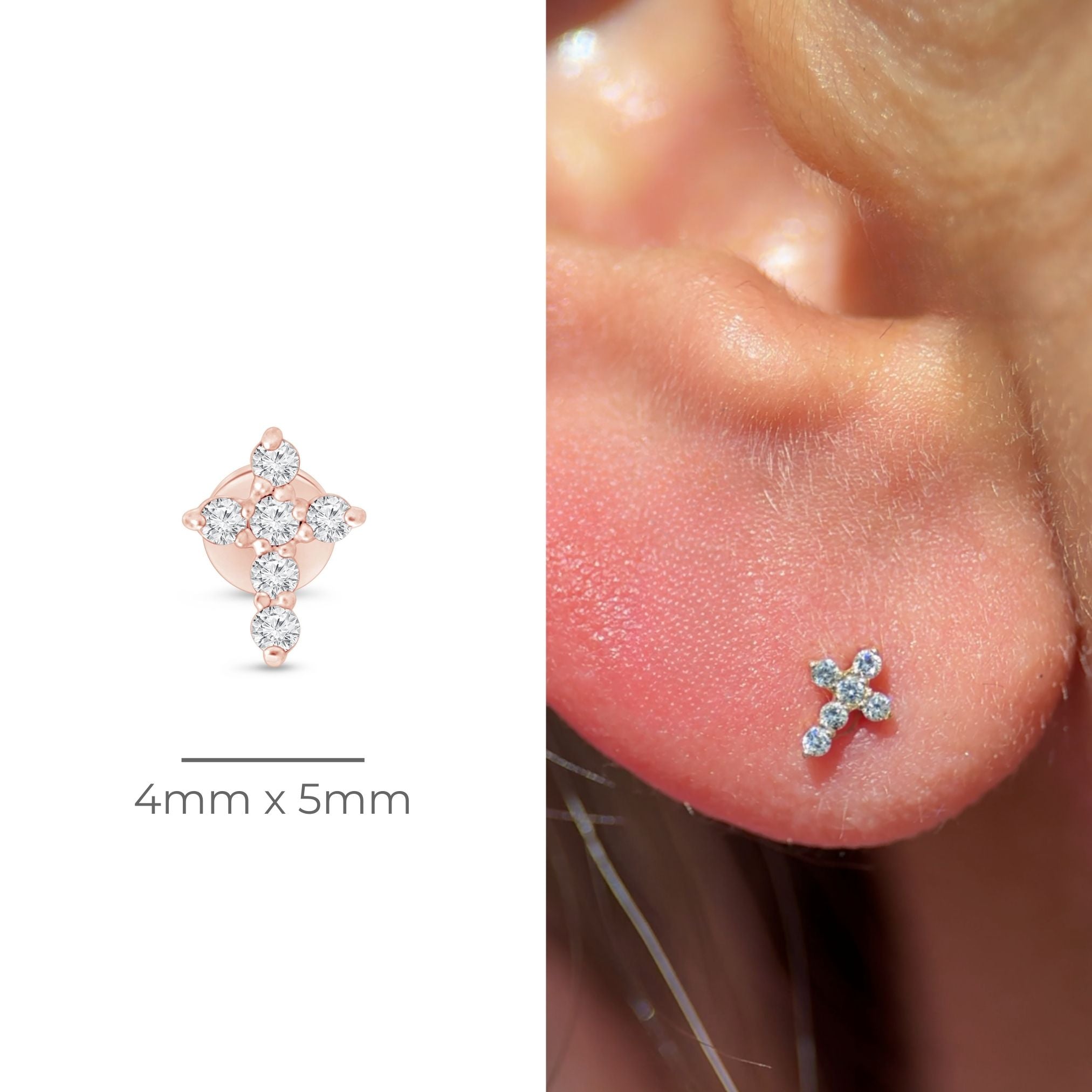 Diamond Pavé Studded Cross Flat Back Stud in Solid 14k Rose Gold