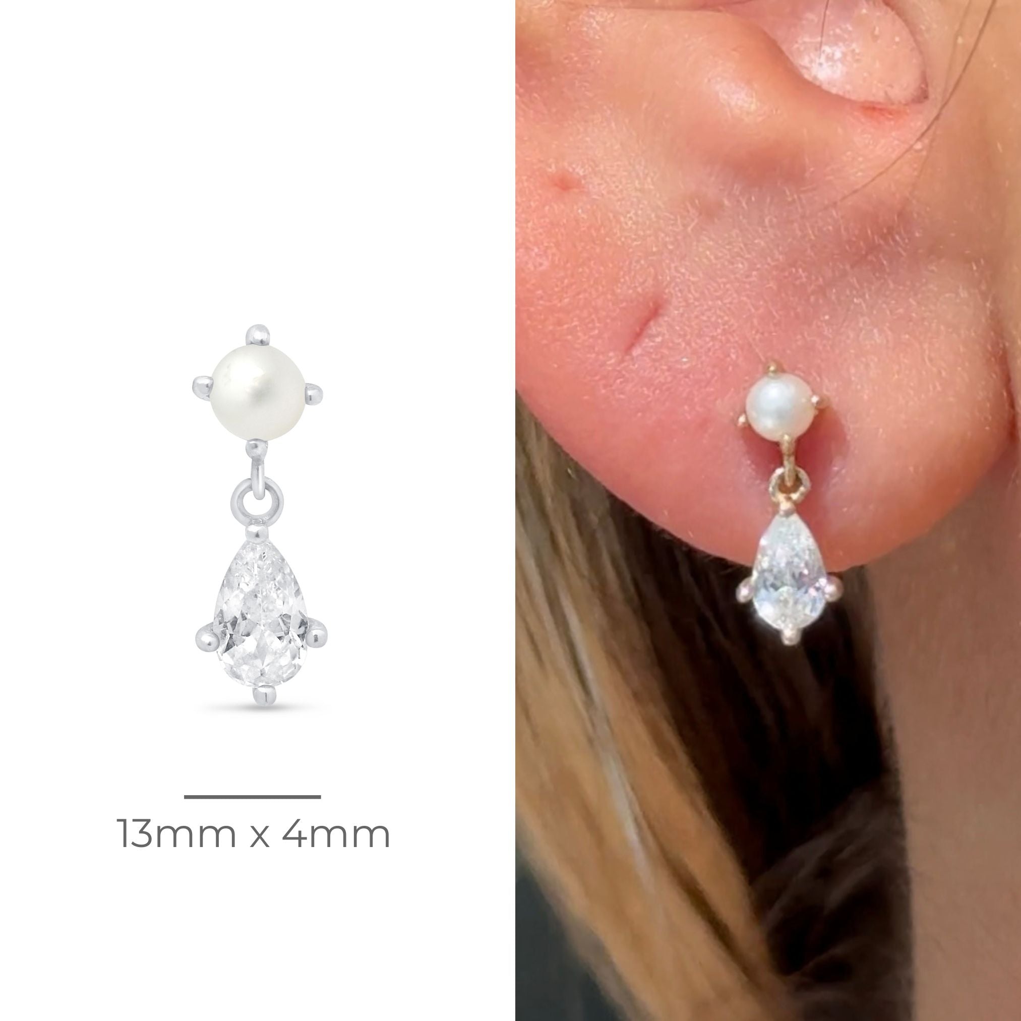 Pearl & Marquise Drop Flat Back Stud in Solid 14k White Gold