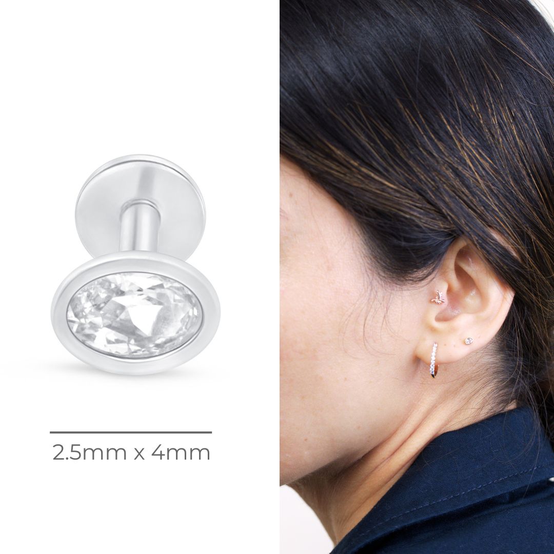Oval Gemstone Flat Back Stud in Bezel Set in Solid 14k White Gold
