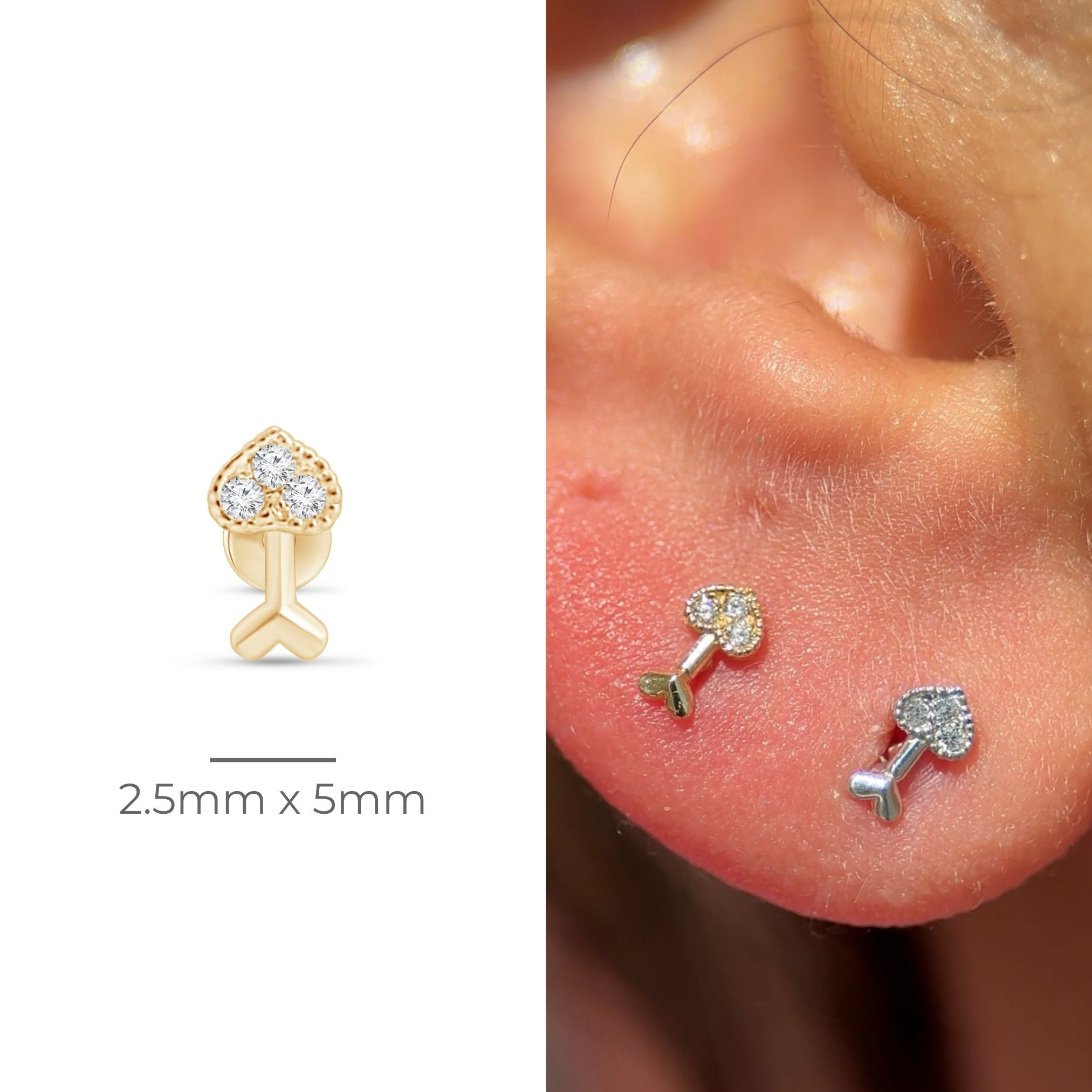 Diamond Heart Cupid's Arrow Flat Back Stud in Solid 14k Yellow Gold