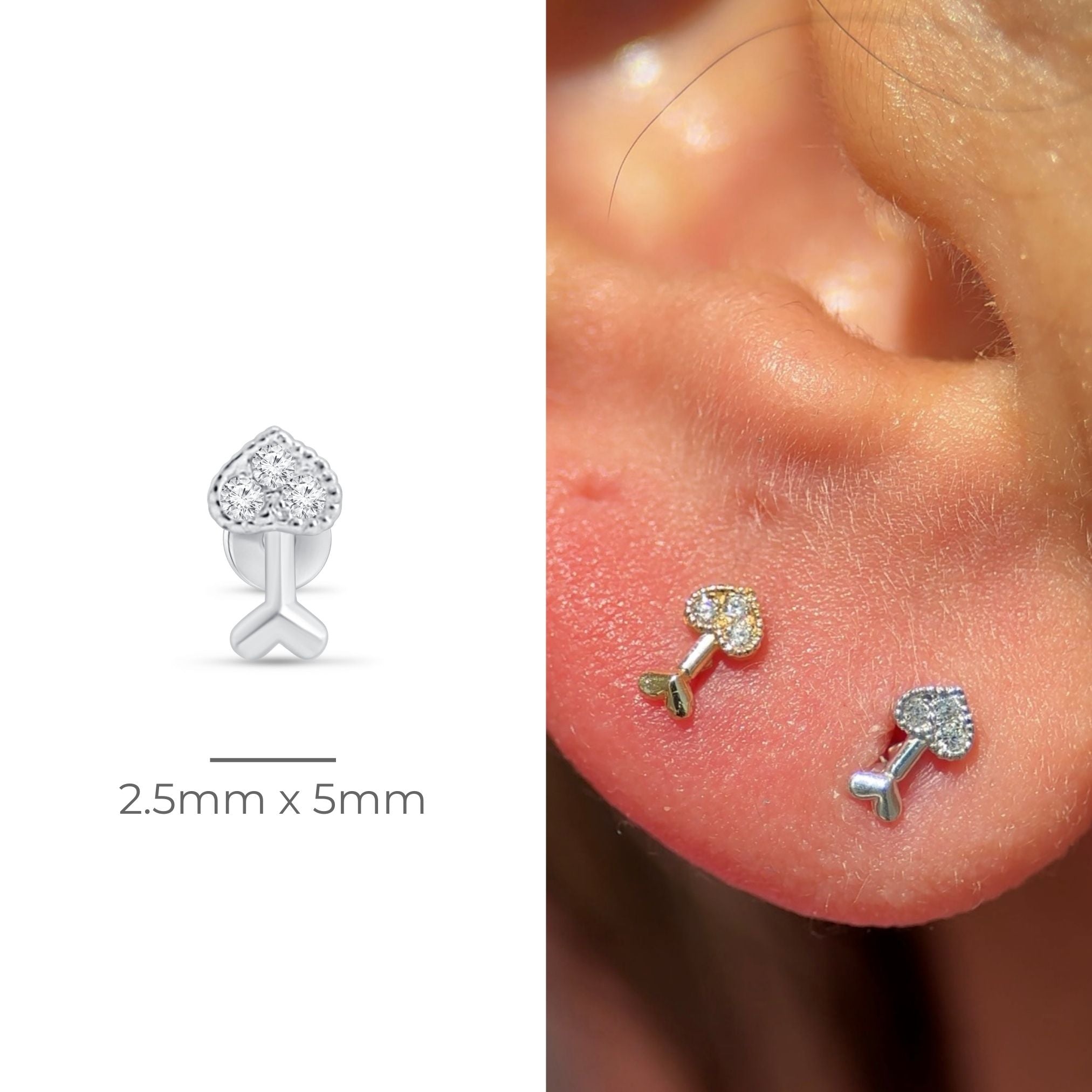 Diamond Heart Cupid's Arrow Flat Back Stud in Solid 14k White Gold