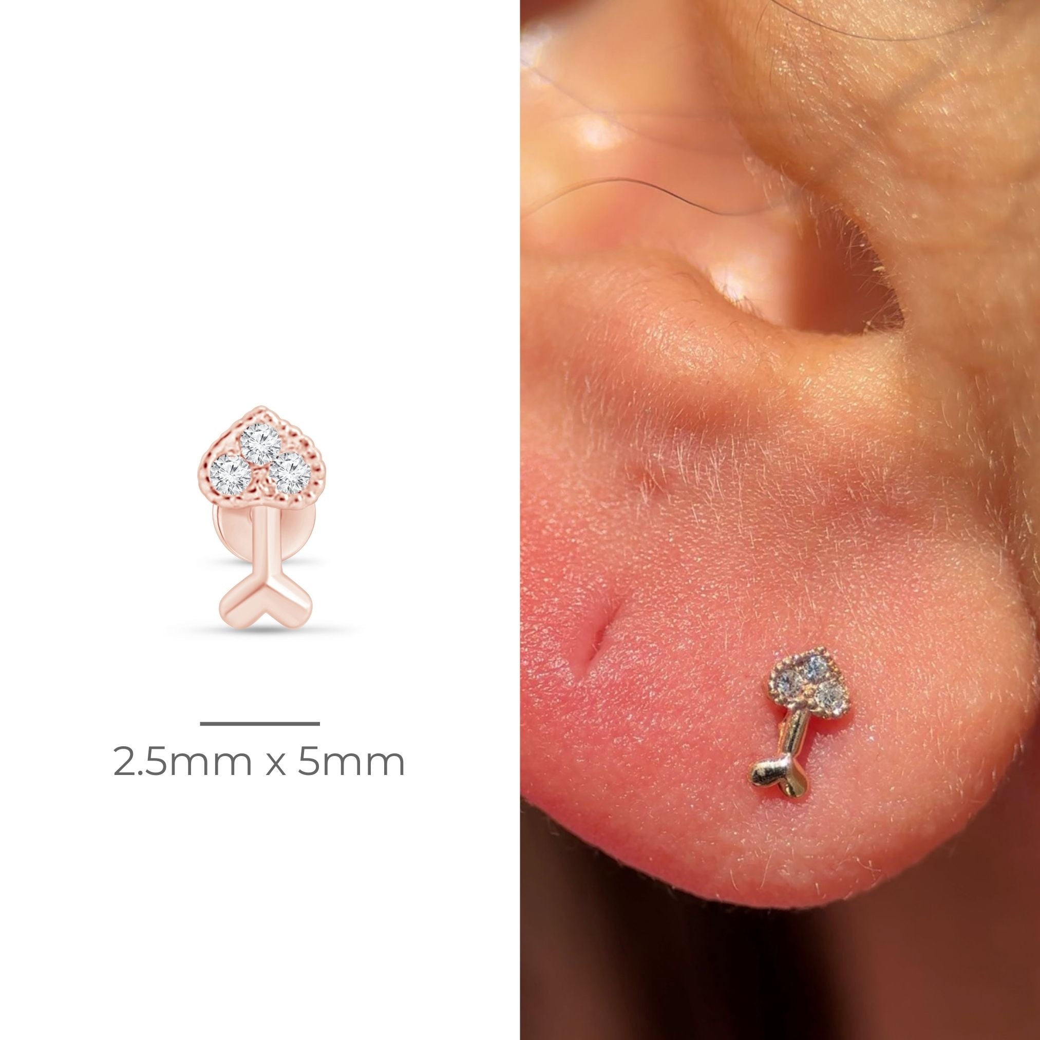 Cupid's Arrow Diamond Studded Flat Back Stud in Solid 14k Rose Gold
