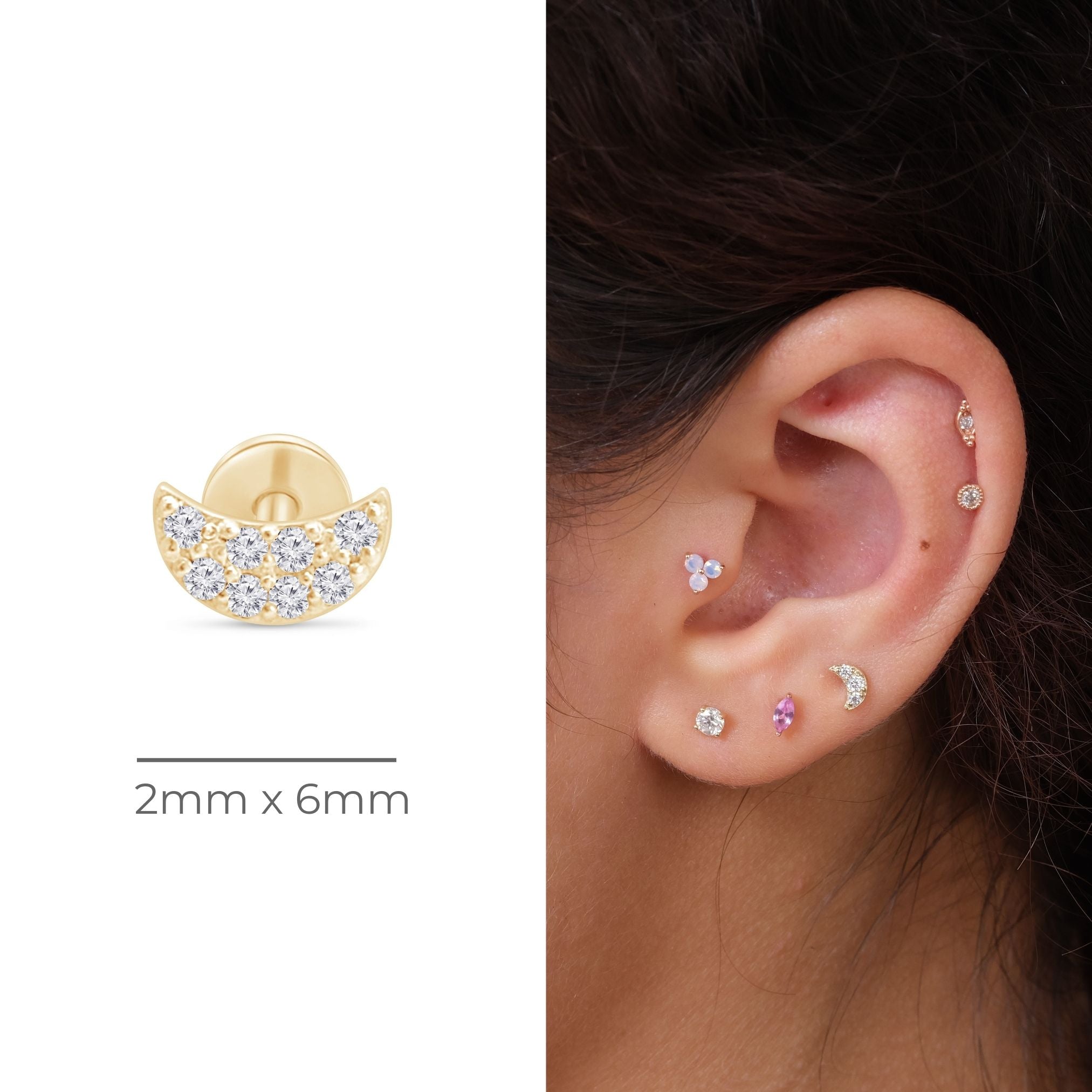 Diamond Pavé Crescent Moon Flat Back Stud in Solid 14k Yellow Gold