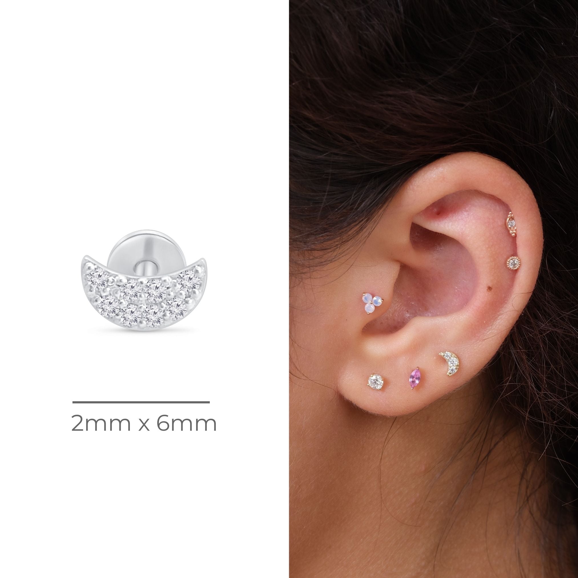Diamond Pavé Studded Crescent Moon Flat Back Stud in Solid 14k White Gold