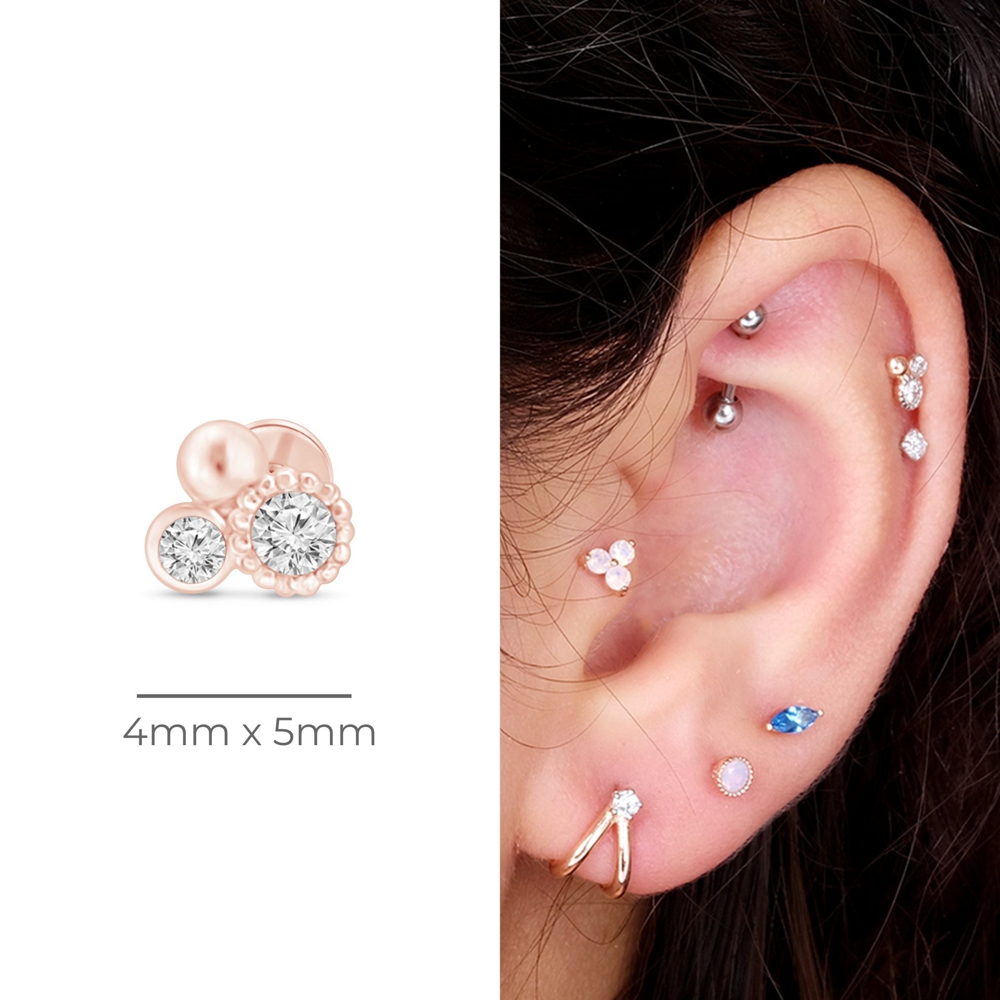 Triple Diamond Cluster Flat Back Stud in Solid 14k Rose Gold