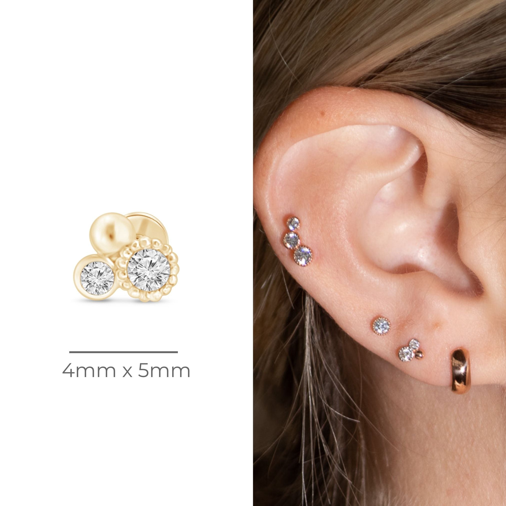 Triple Diamond Cluster Flat Back Stud in Solid 14k Yellow Gold