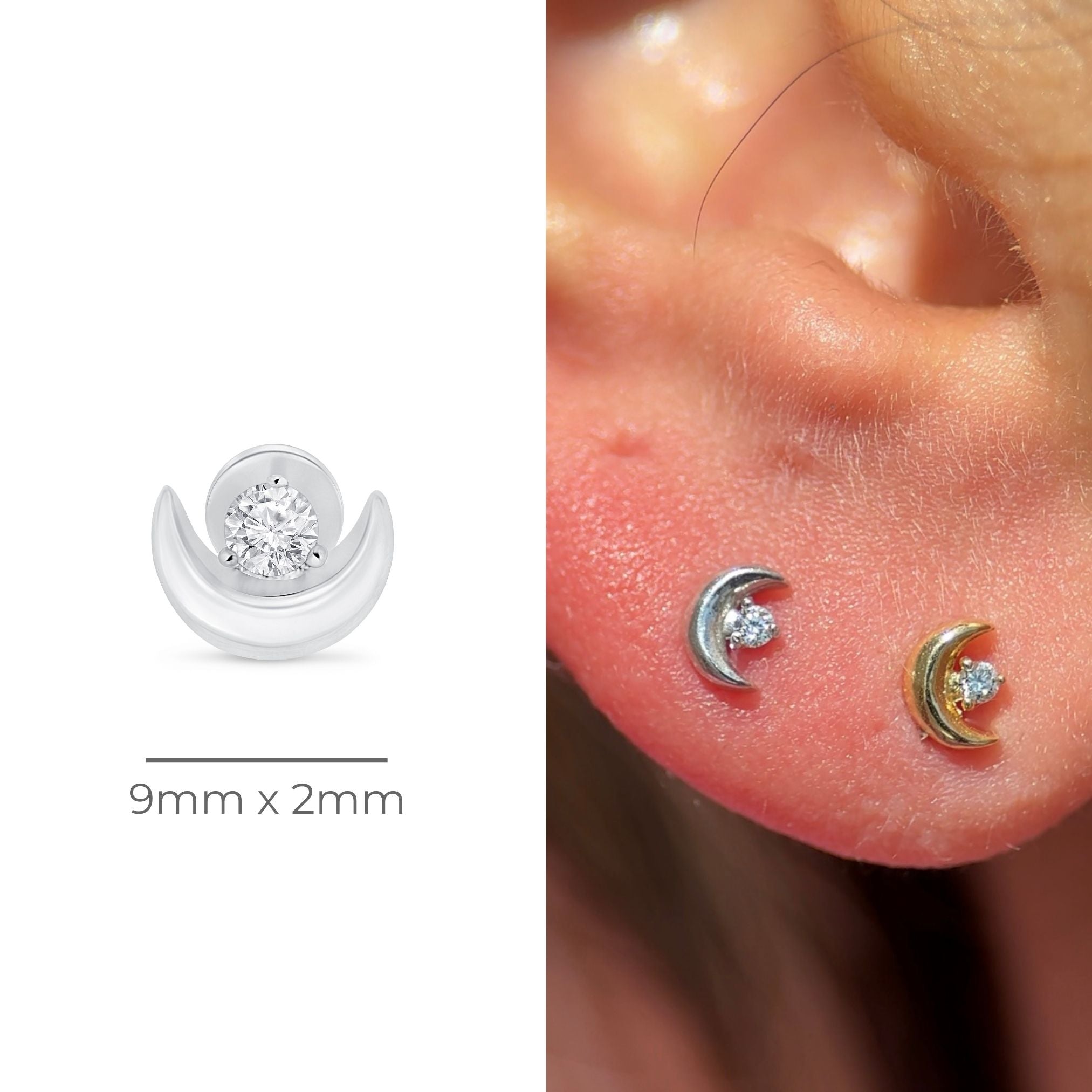 Diamond Crescent Moon Flat Back Stud in Solid 14k White Gold