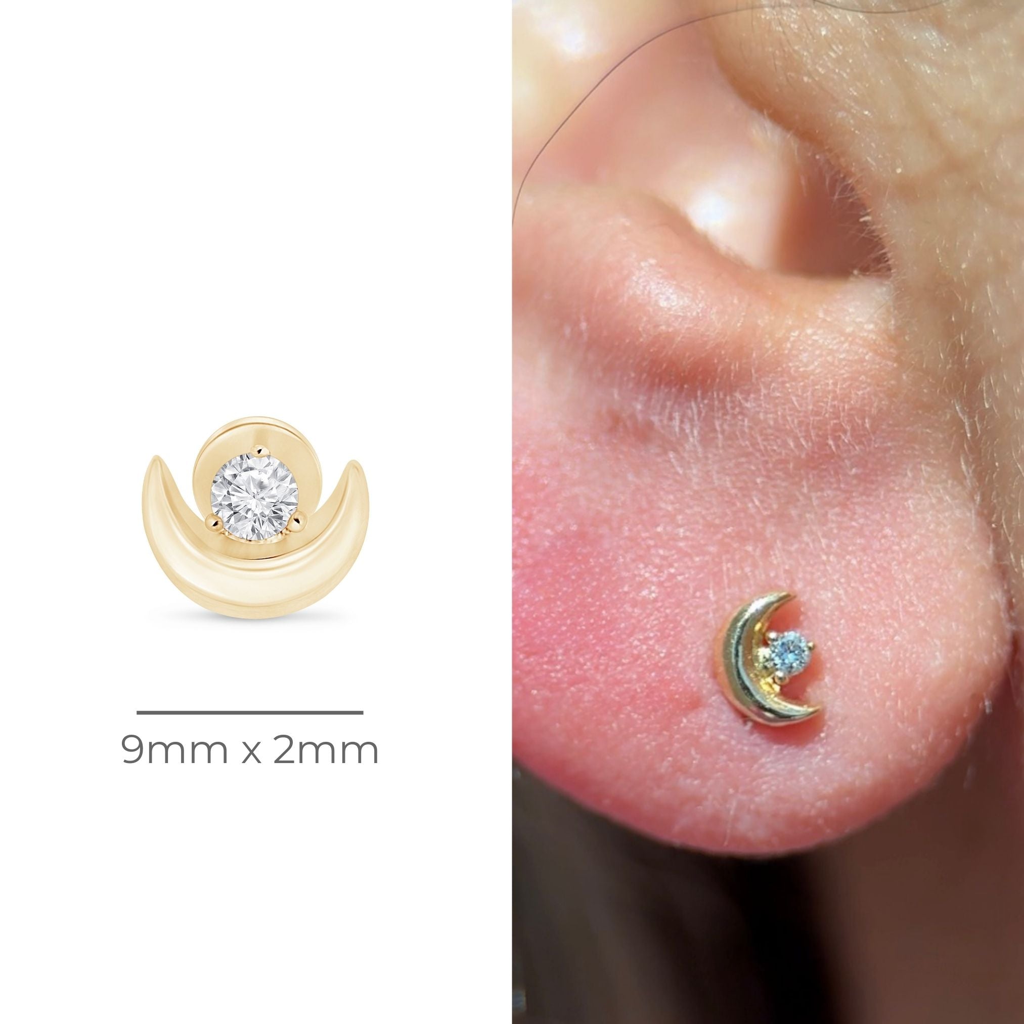 Diamond Crescent Moon Flat Back Stud in Solid 14k Yellow Gold