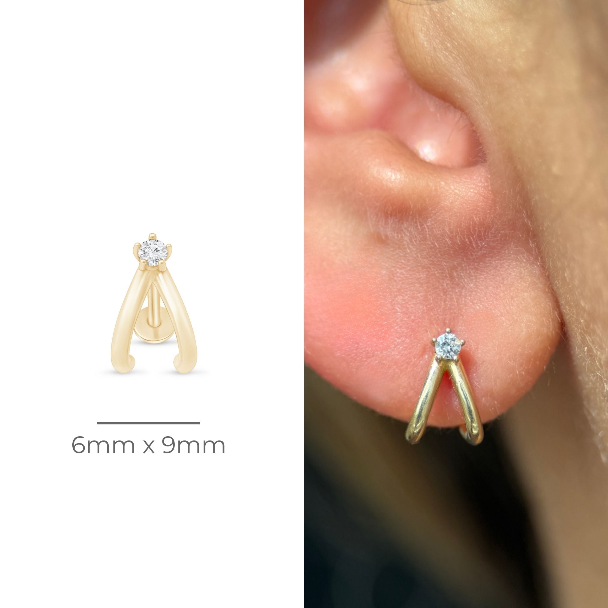 Diamond Double Suspender Flat Back Stud in Solid 14k Yellow Gold