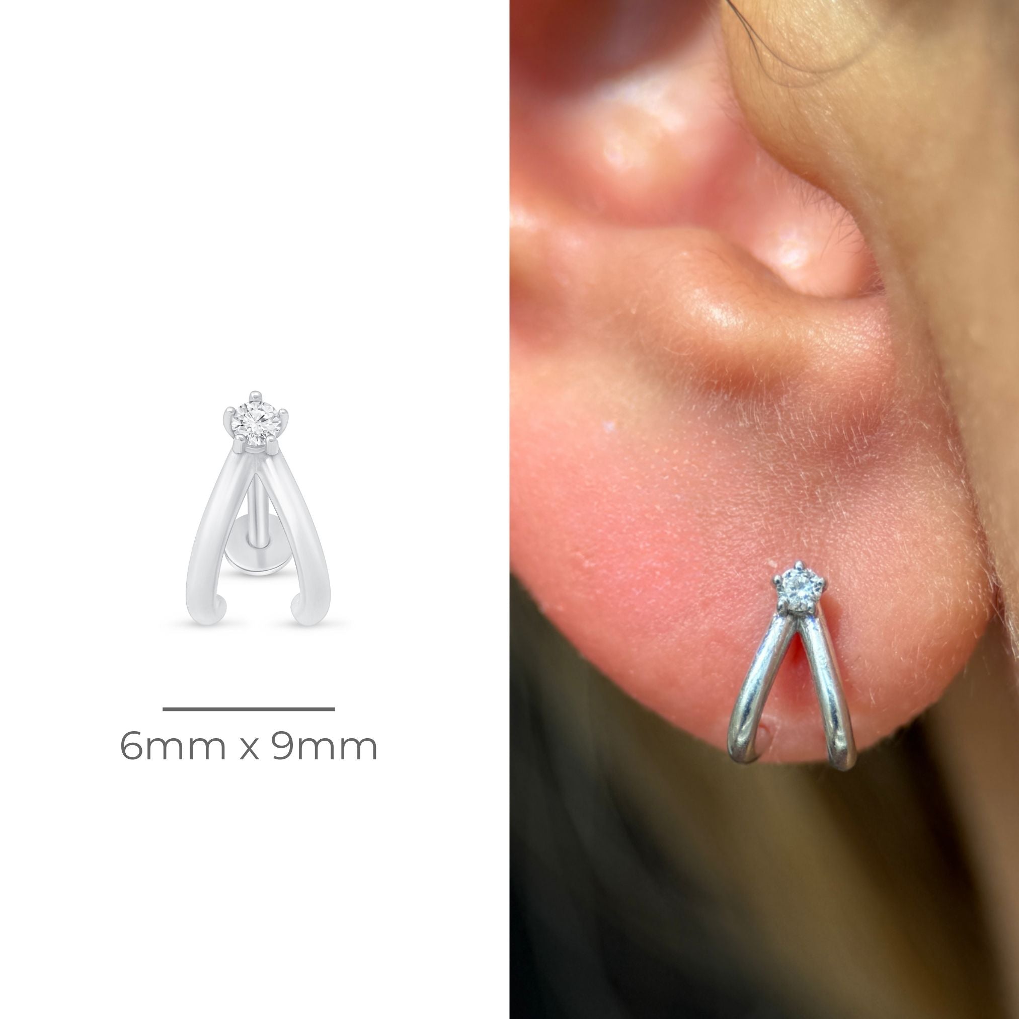 Diamond Double Suspender Flat Back Stud in Solid 14k White Gold
