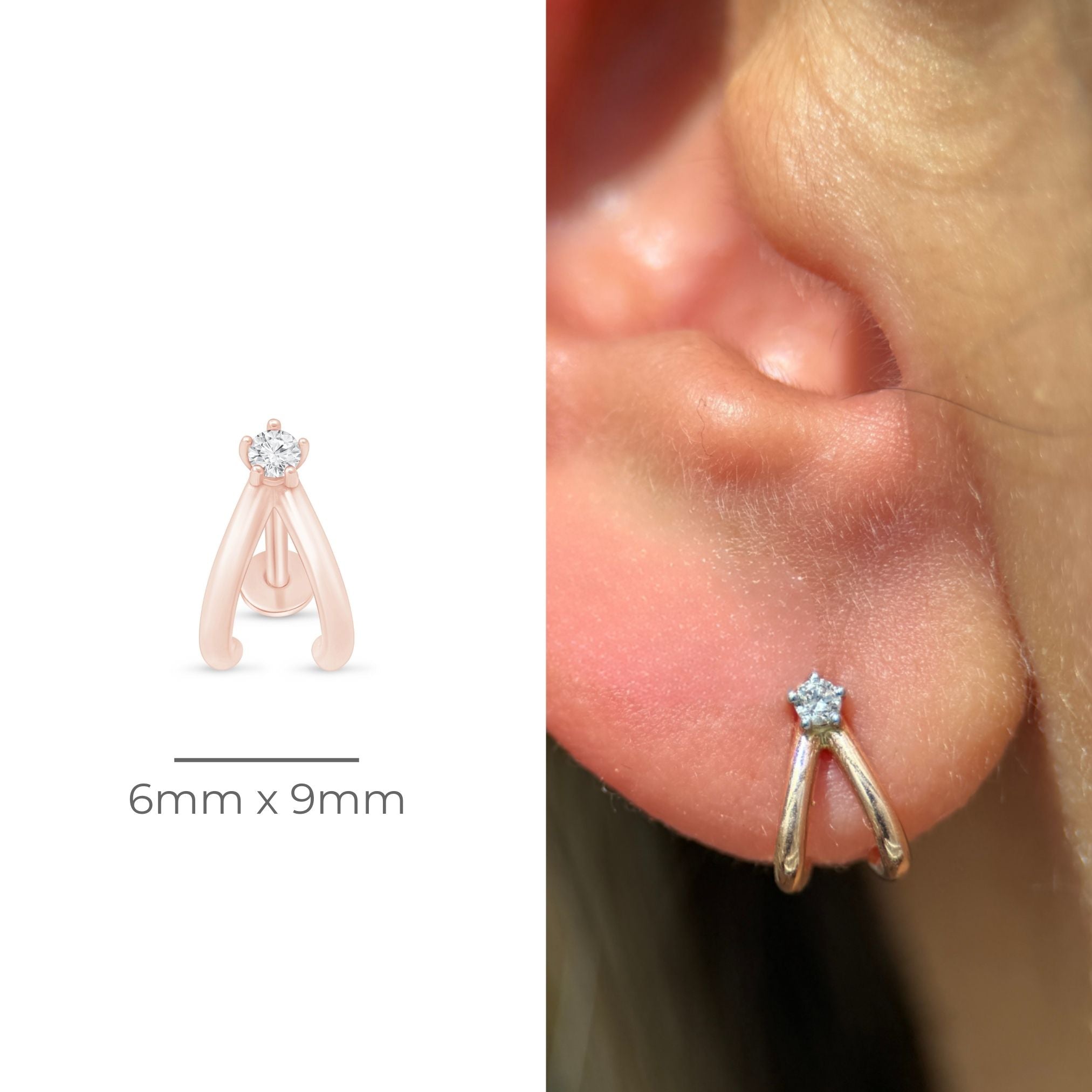 Diamond Double Suspender Flat Back Stud in Solid 14k Rose Gold