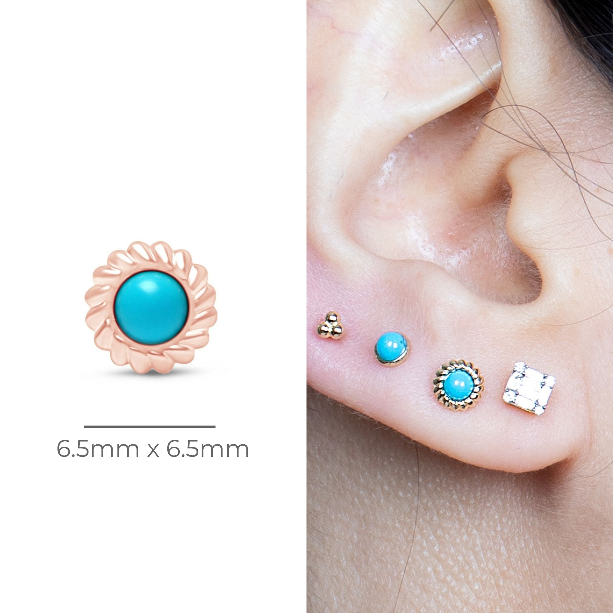 Round Turquoise Cabochon Flat Back Stud in Braided Bezel Set in Solid 14k Rose Gold