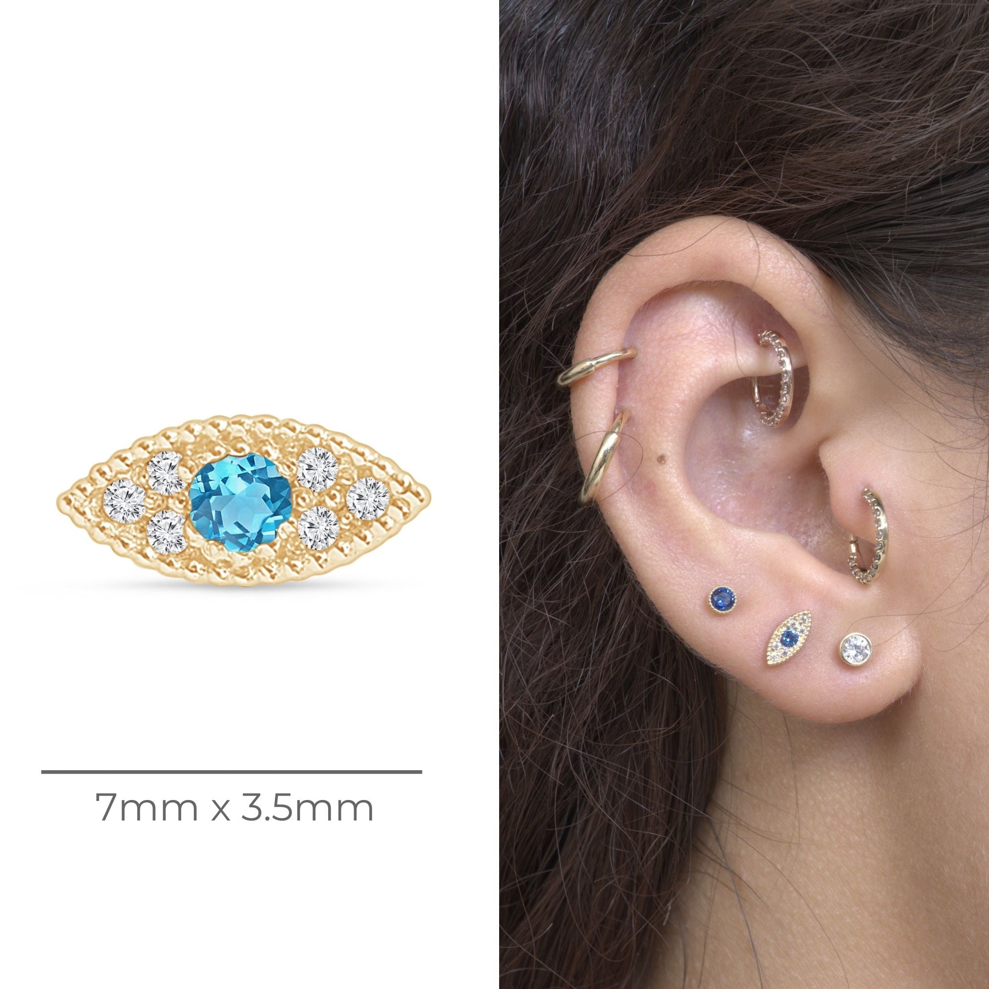 Blue Topaz Evil Eye Flat Back Stud in Solid 14k Yellow Gold