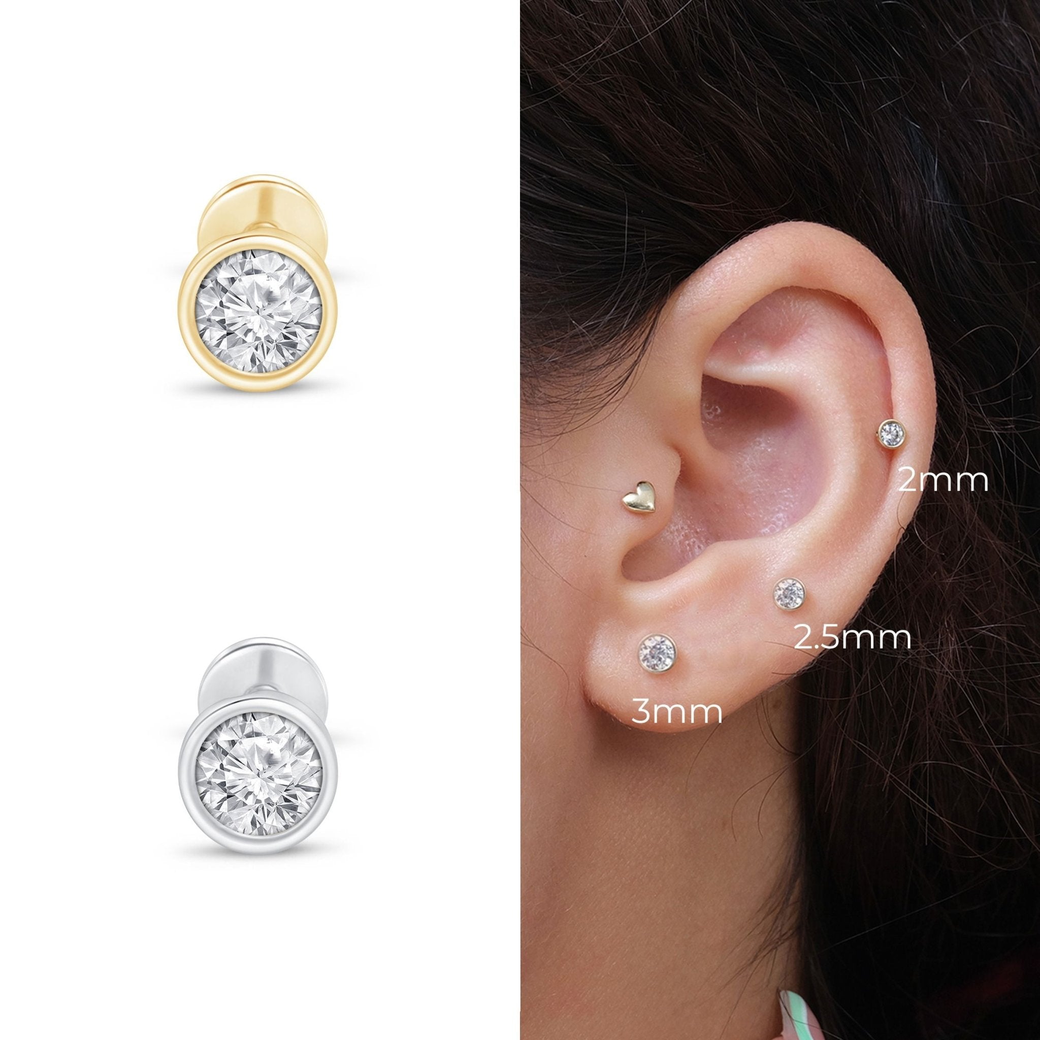 Round Gemstone Flat Back Stud Bezel Set in Solid 14k White Gold