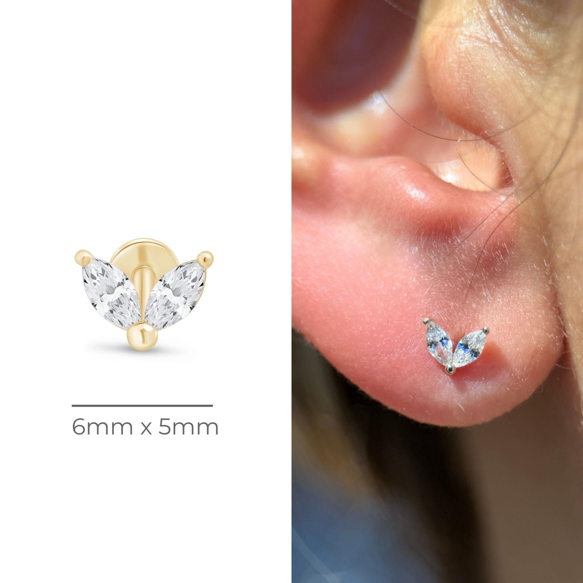Cubic Zirconia Double Marquise Flat Back Stud in Solid 14k Yellow Gold