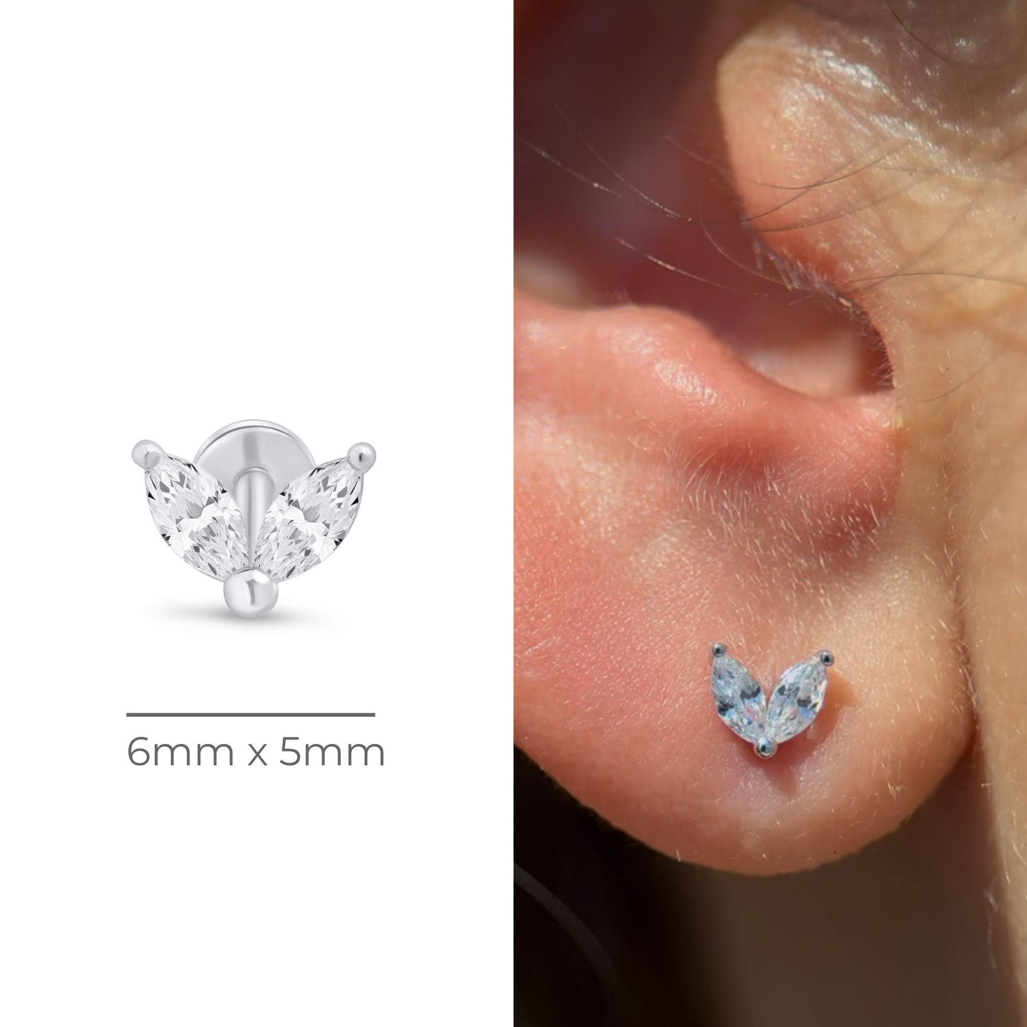 Cubic Zirconia Double Marquise Flat Back Stud in Solid 14k White Gold