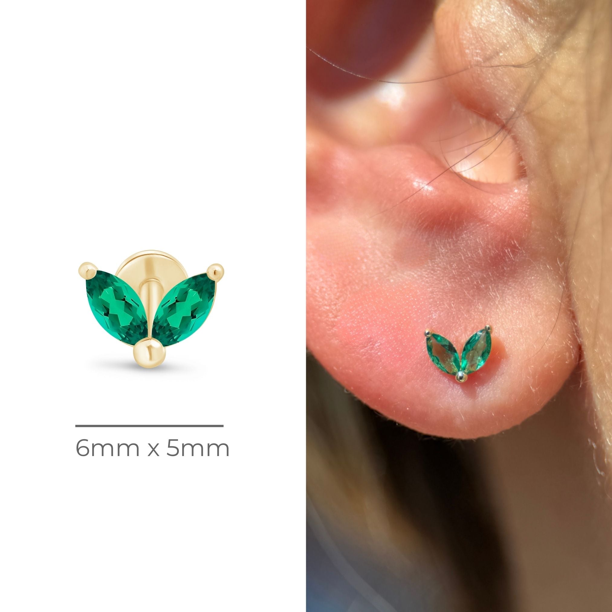 Emerald Double Marquise Flat Back Stud in Solid 14k Yellow Gold