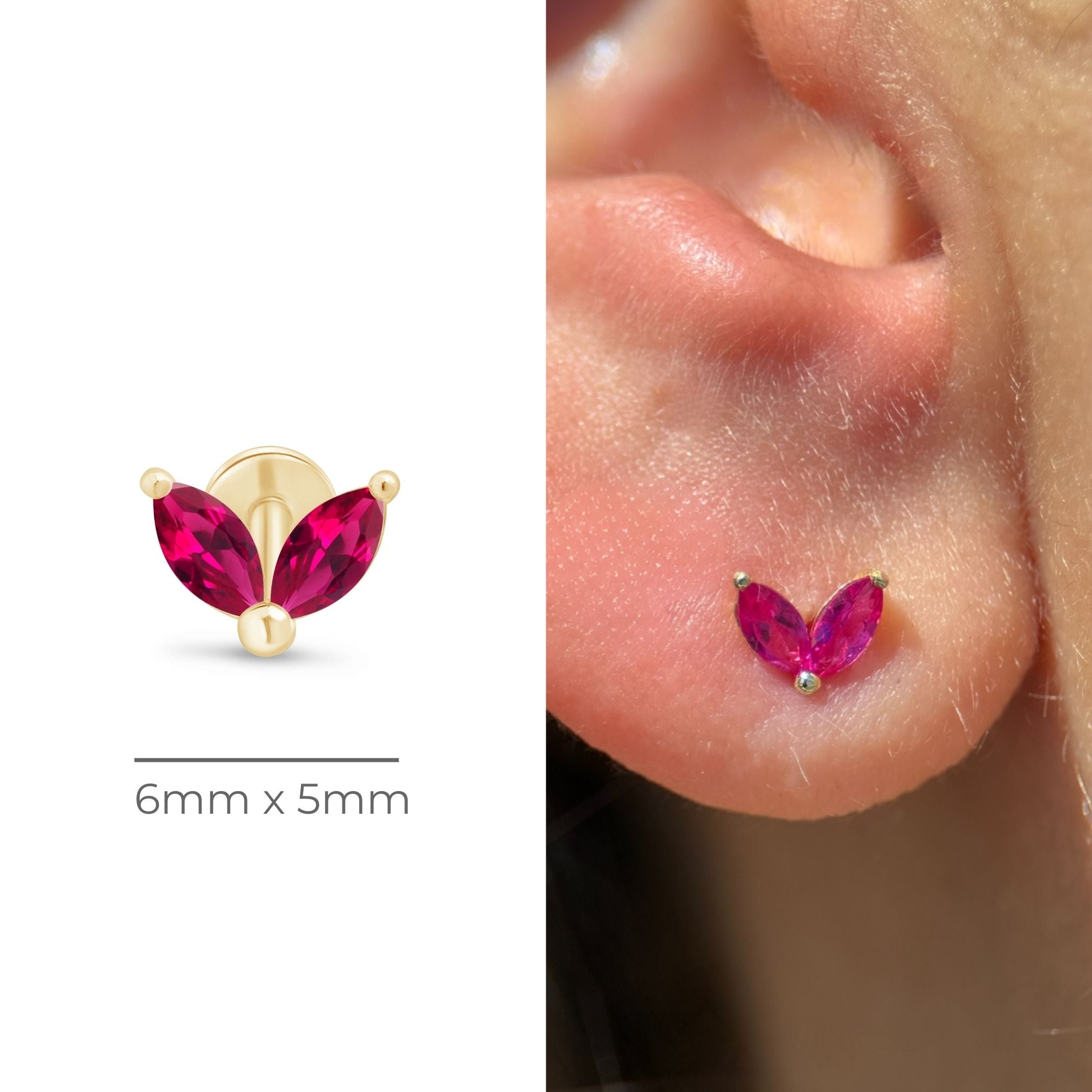 Ruby Double Marquise Flat Back Stud in Solid 14k Yellow Gold