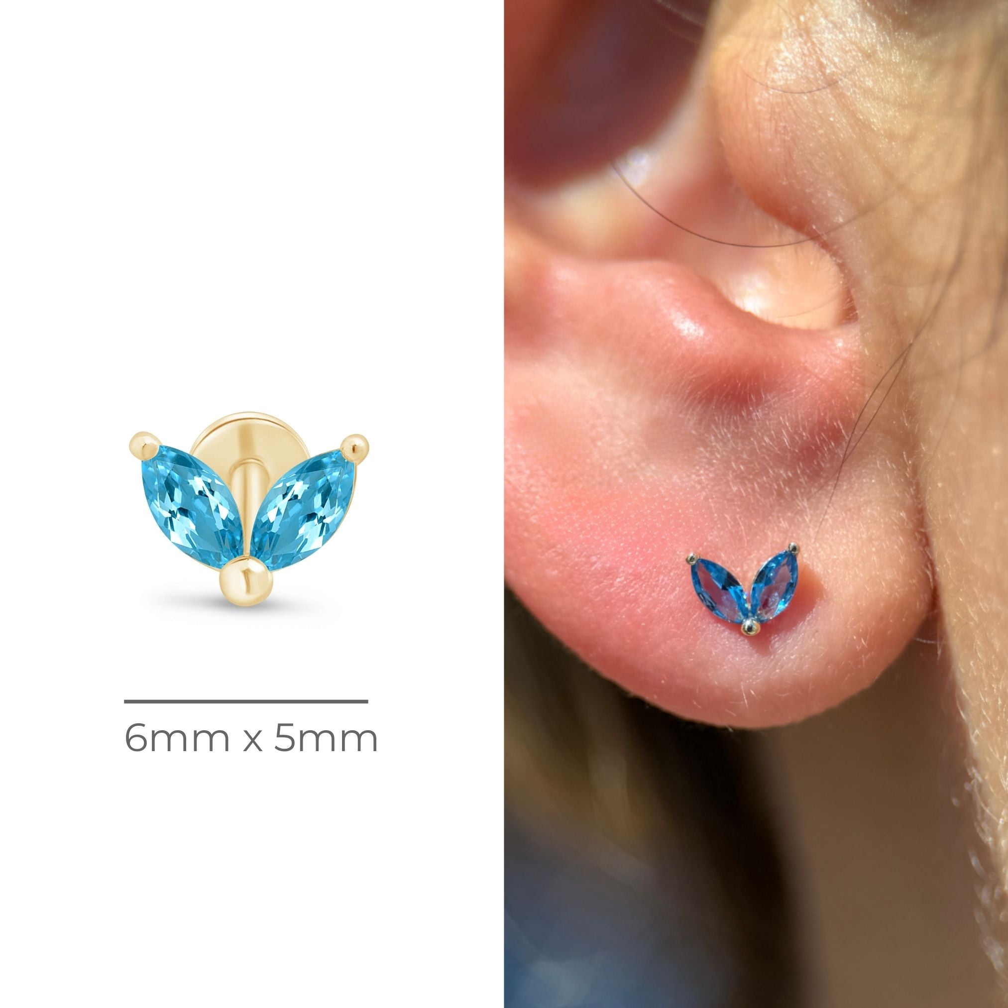 London Blue Topaz Double Marquise Flat Back Stud in Solid 14k Yellow Gold