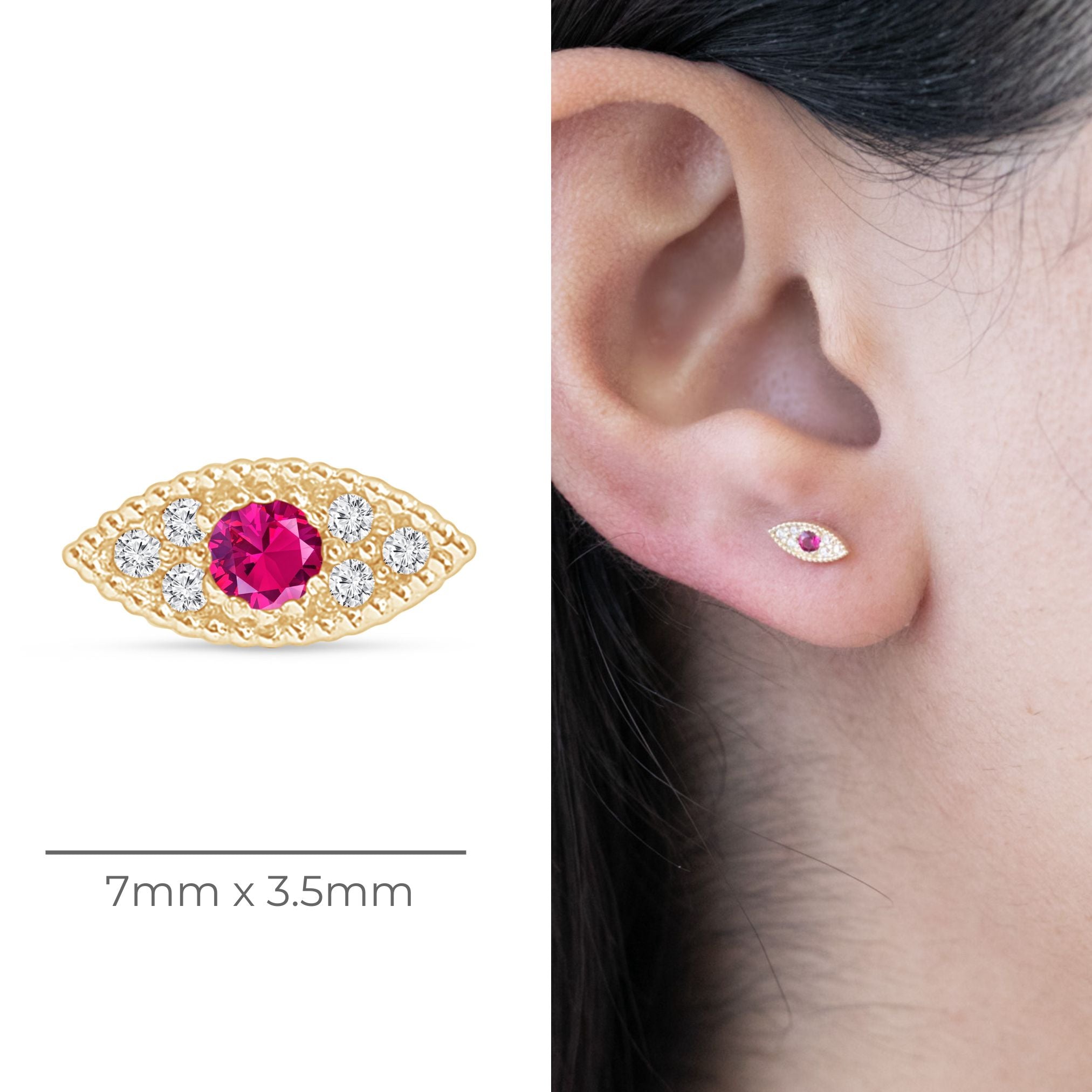 Ruby Evil Eye Flat Back Stud in Solid 14k Yellow Gold