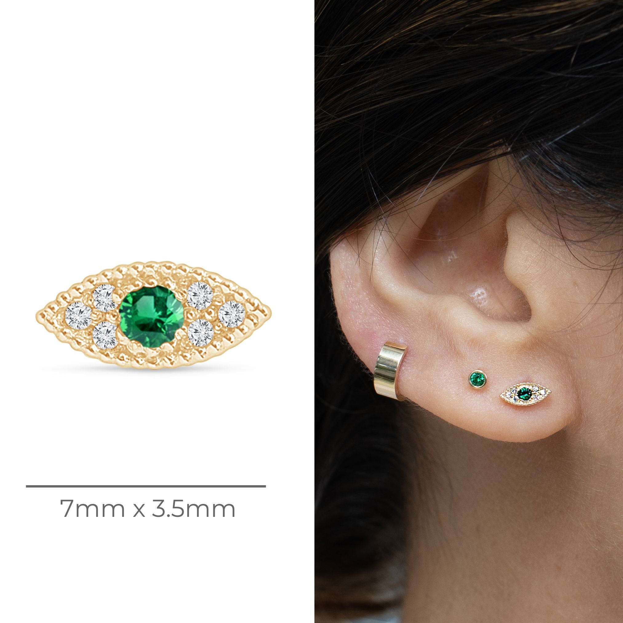 Emerald Evil Eye Flat Back Stud in Solid 14k Yellow Gold