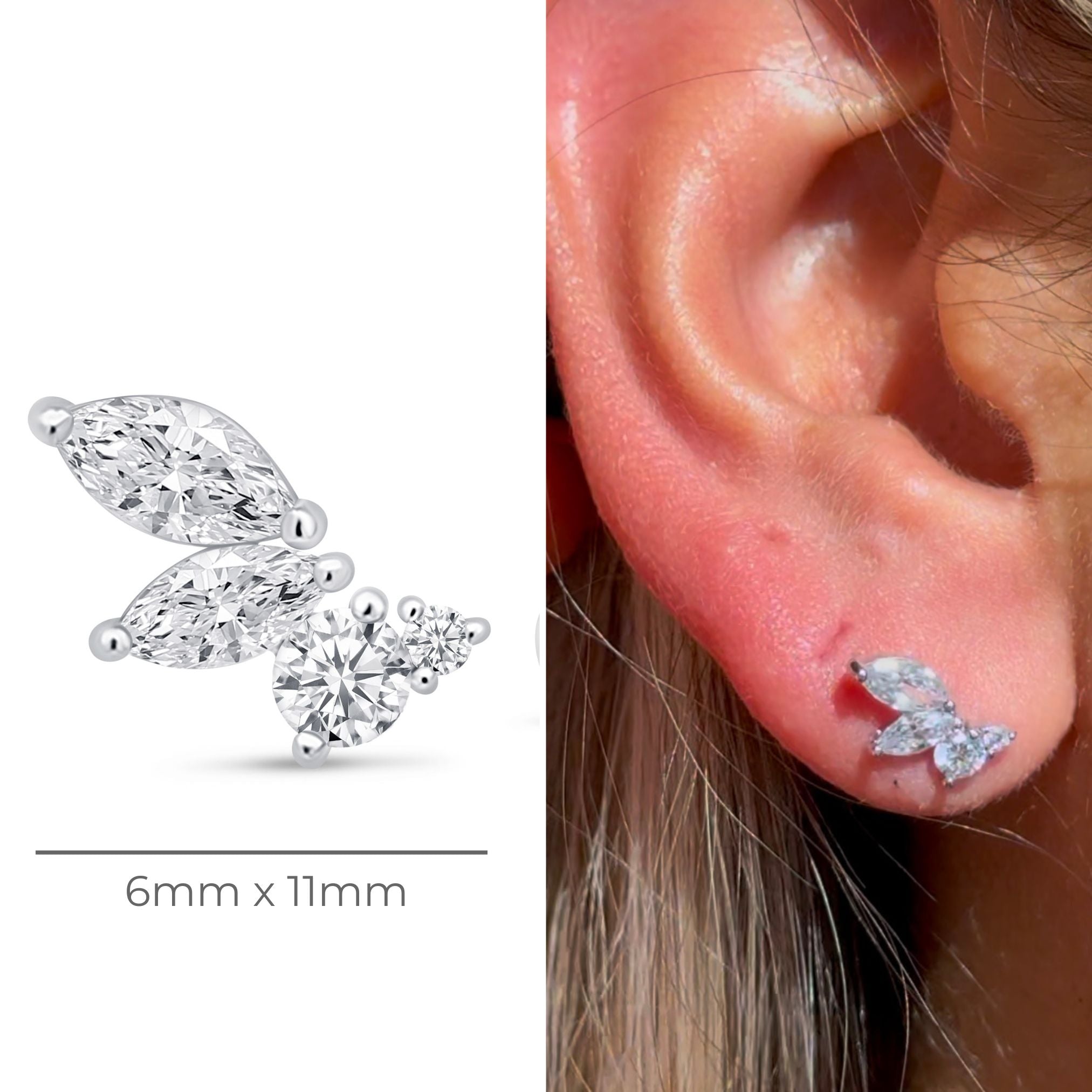 Marquise Angel Wing Flat Back Stud in Solid 14k White Gold