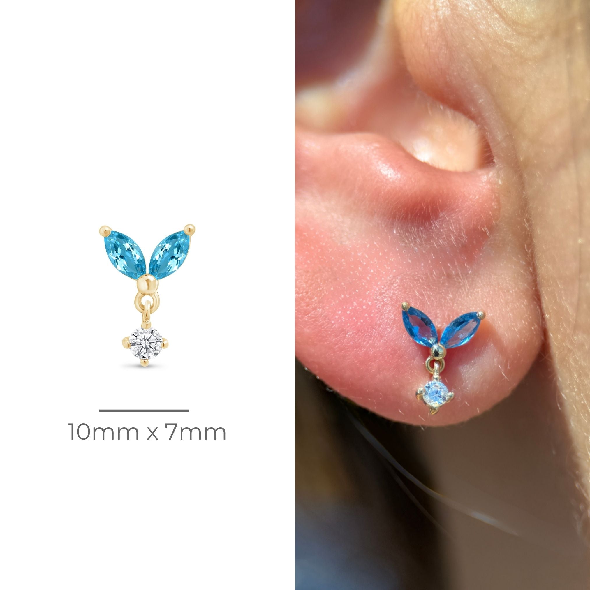 Blue Topaz Double Marquise Drop Flat Back Stud in Solid 14k Yellow Gold