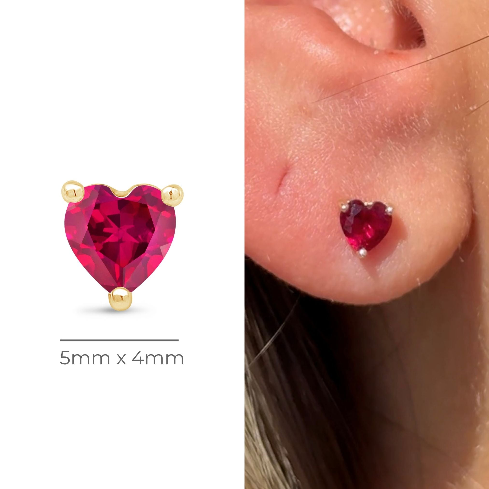 Ruby Heart Flat Back Stud in Solid 14k Yellow Gold