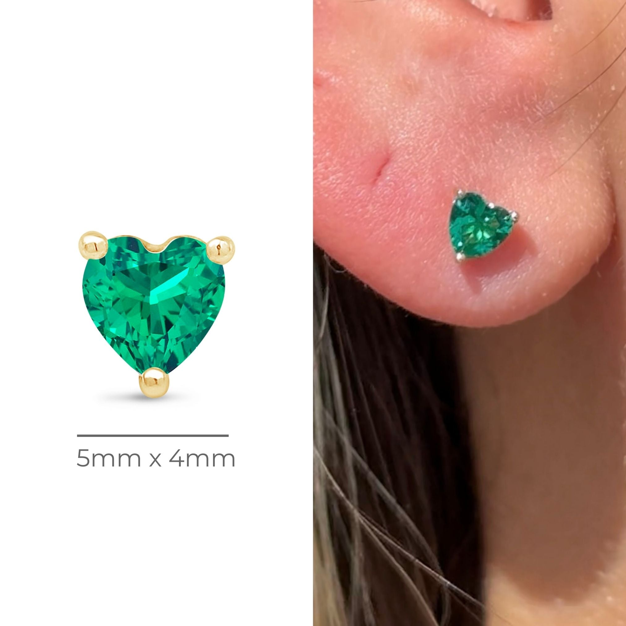 Emerald Heart Flat Back Stud in Solid 14k Yellow Gold