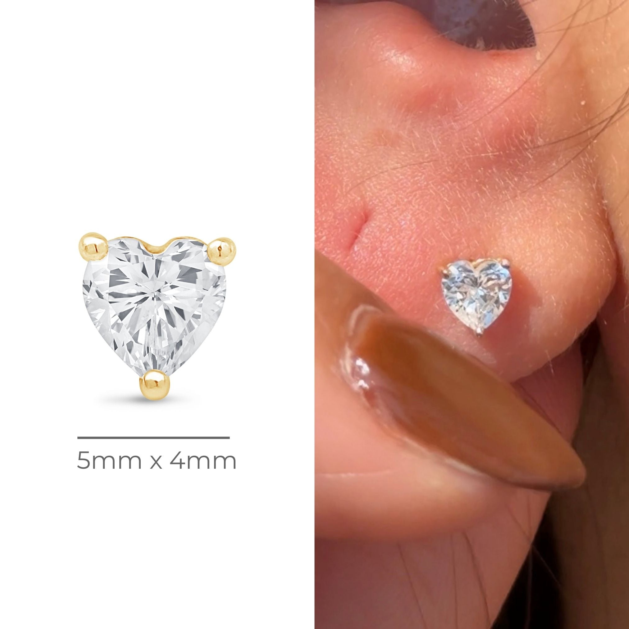 Stone Heart Flat Back Stud in Solid 14k Yellow Gold